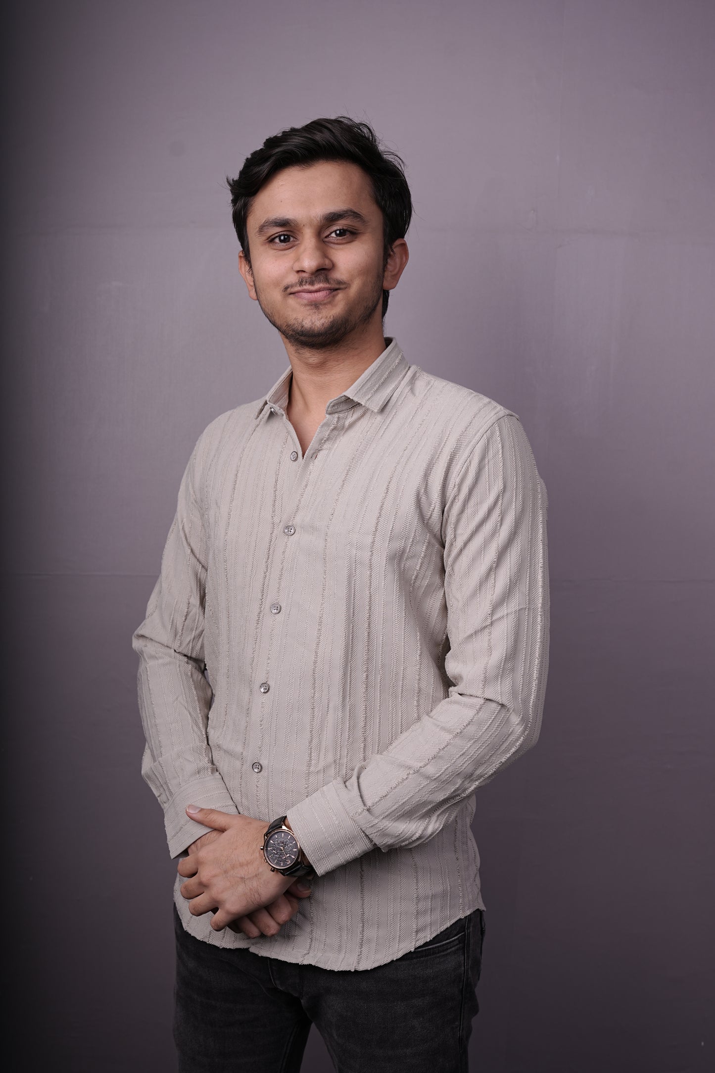Men’s Light Beige Textured Cotton Shirt – Full Sleeves