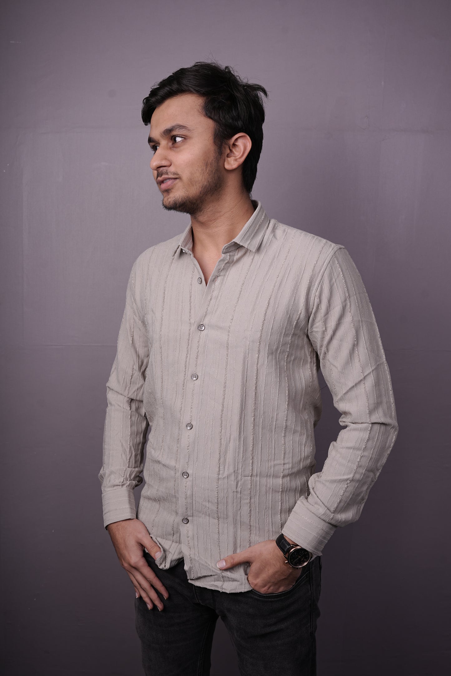 Men’s Light Beige Textured Cotton Shirt – Full Sleeves