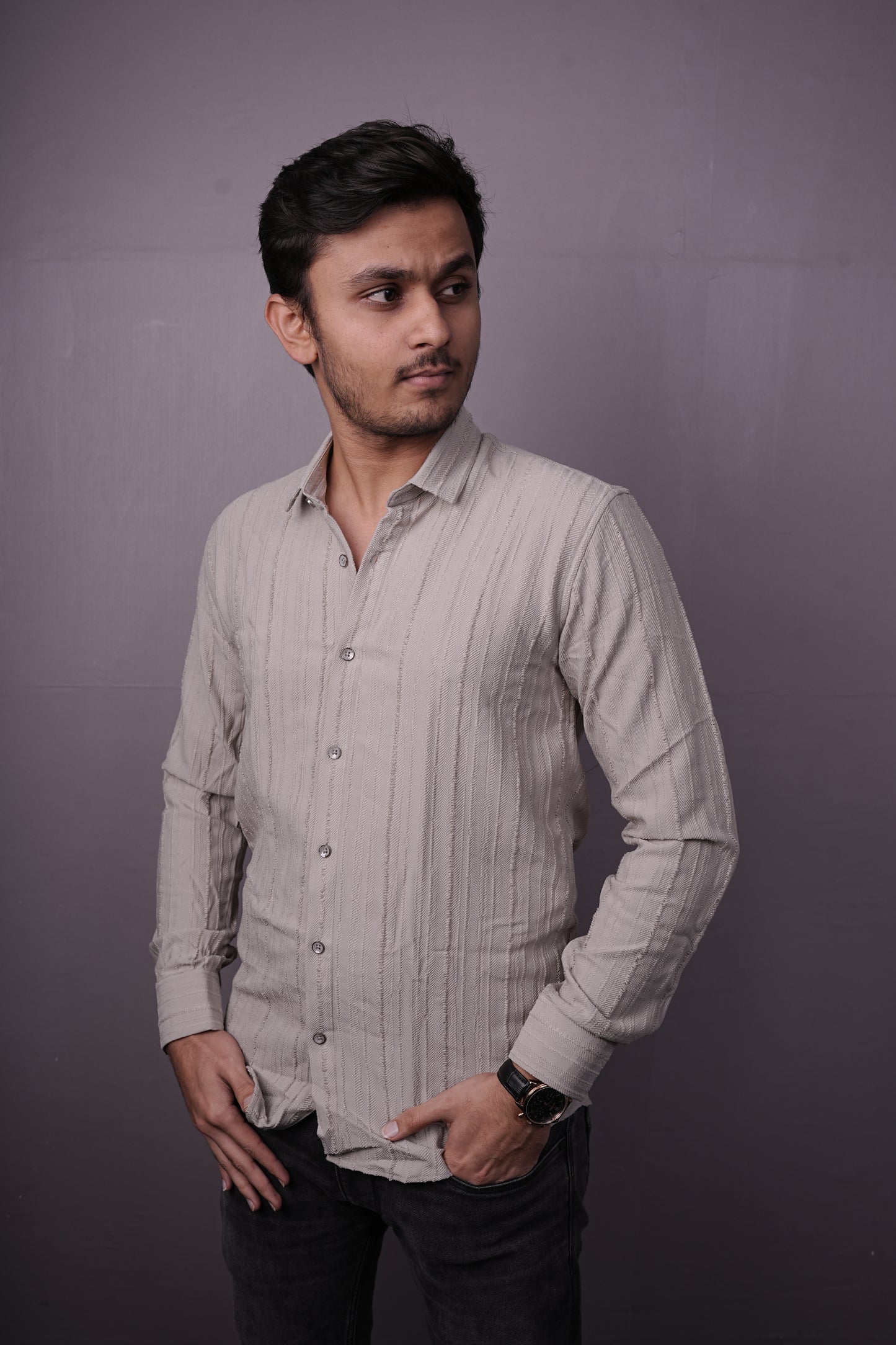 Men’s Light Beige Textured Cotton Shirt – Full Sleeves