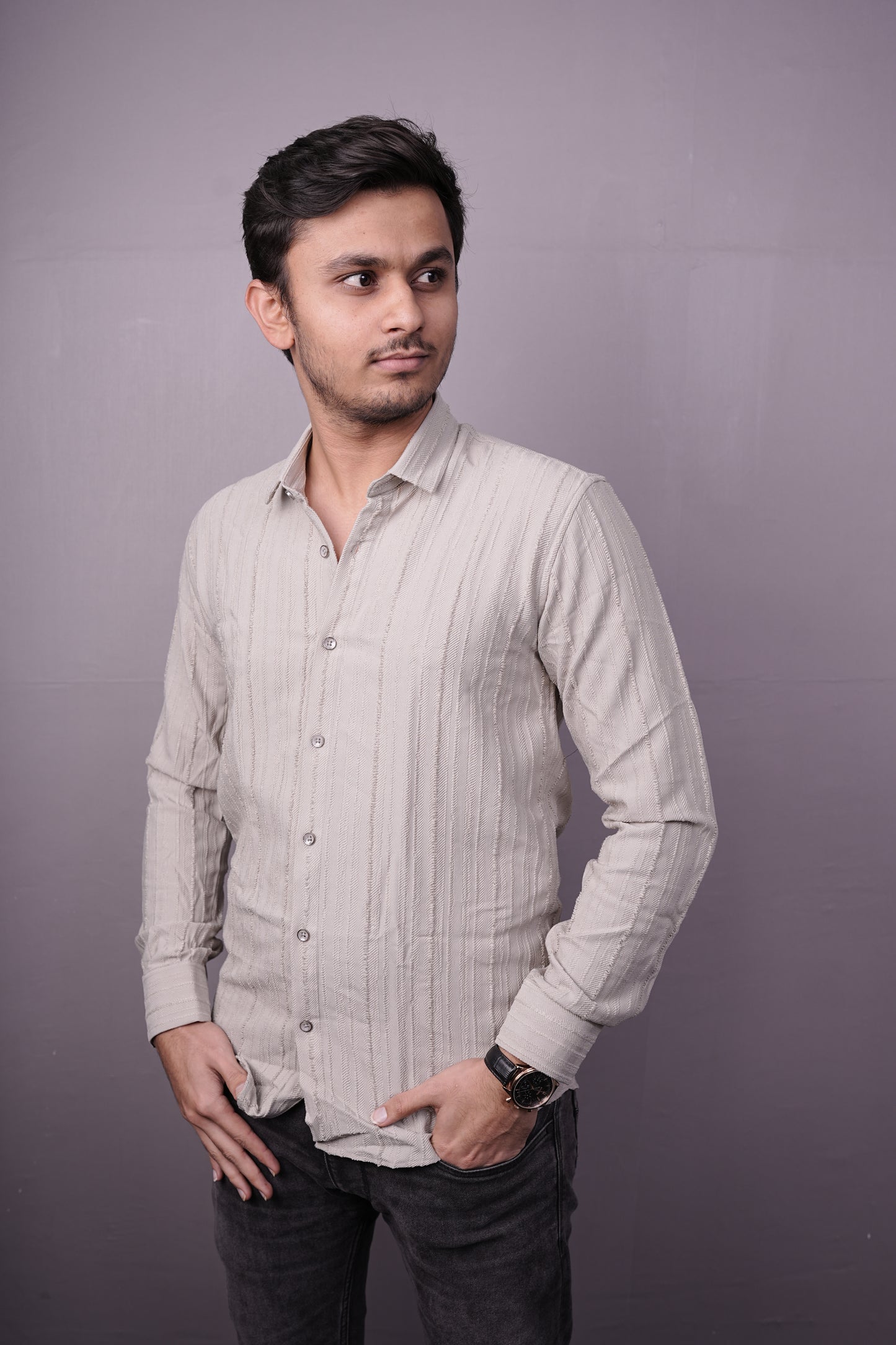 Men’s Light Beige Textured Cotton Shirt – Full Sleeves