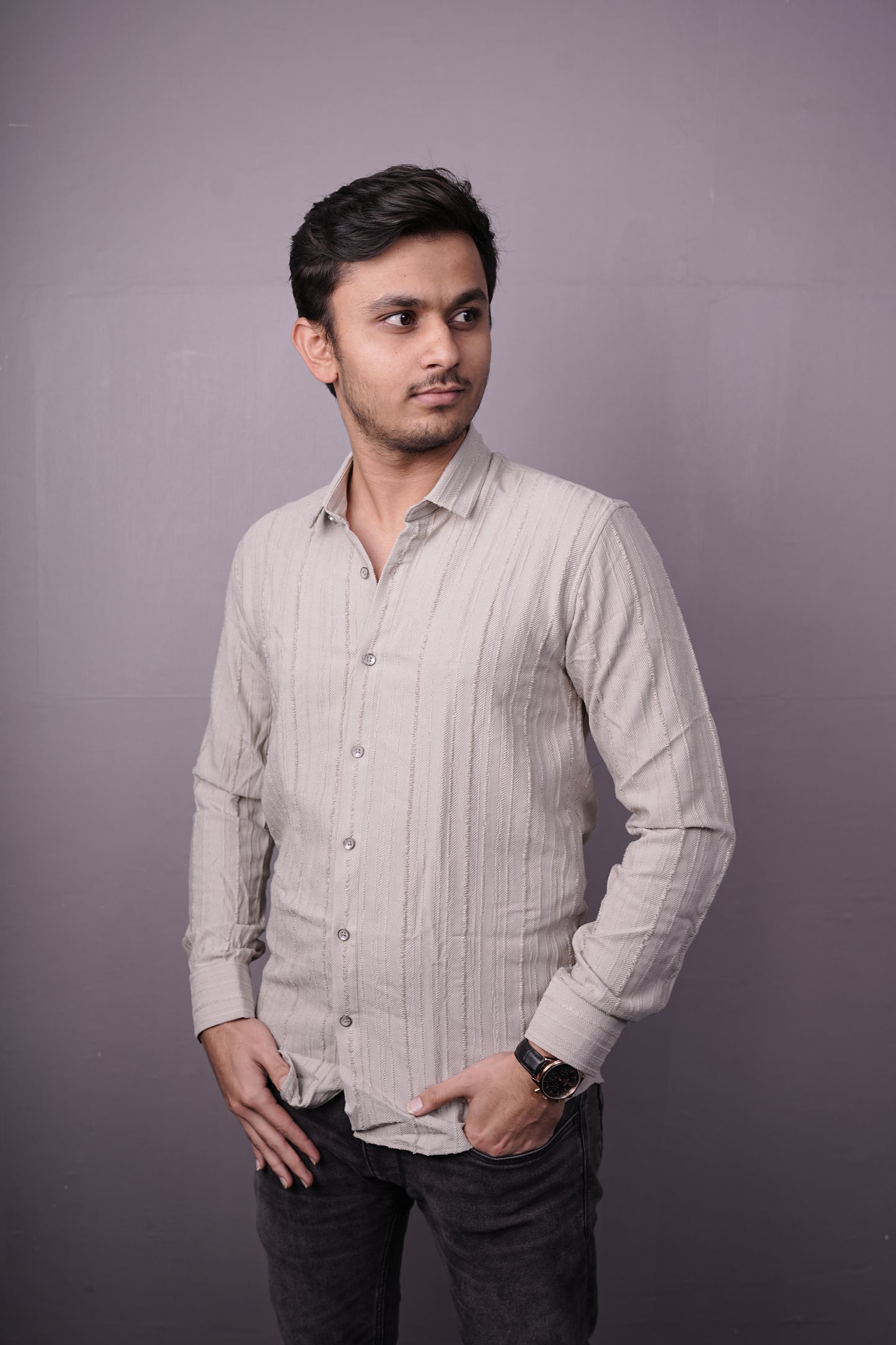 Men’s Light Beige Textured Cotton Shirt – Full Sleeves