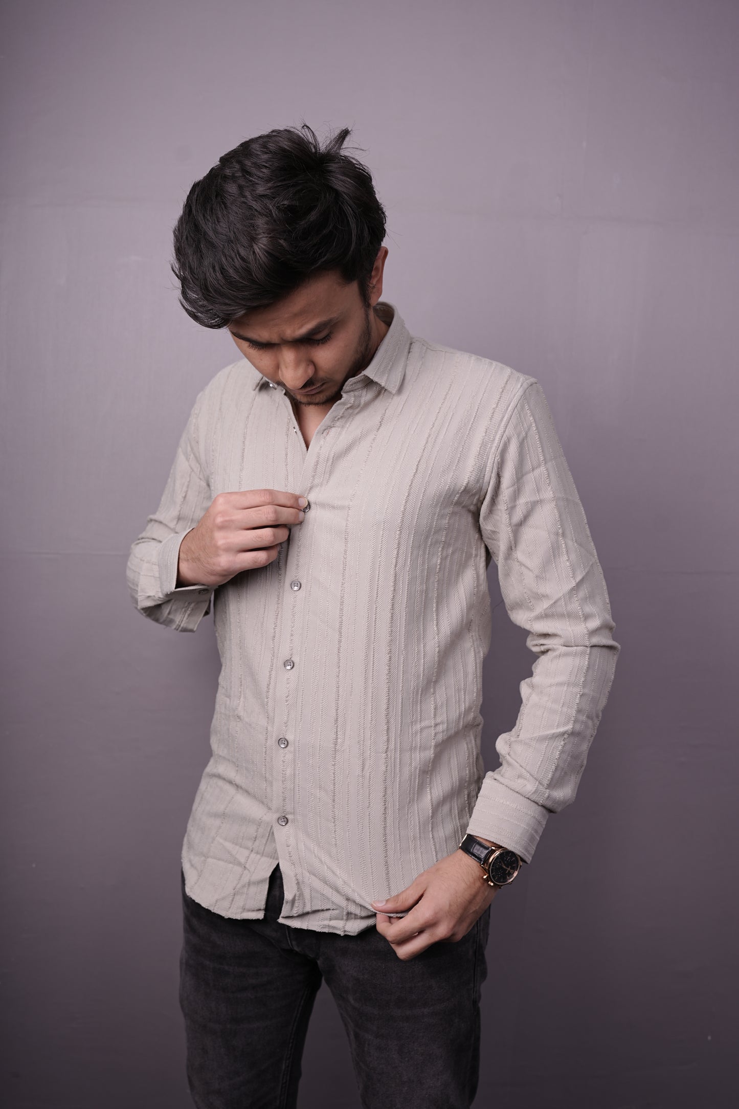 Men’s Light Beige Textured Cotton Shirt – Full Sleeves