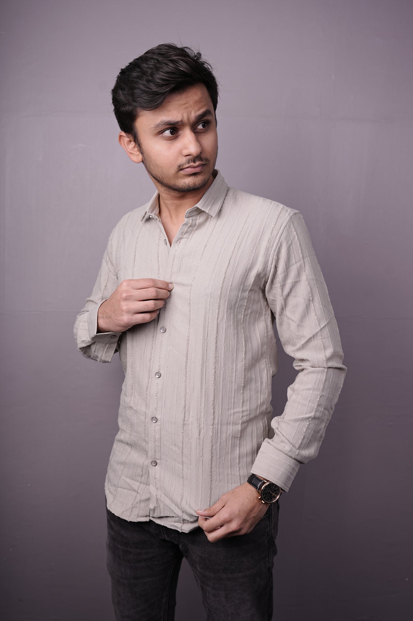 Men’s Light Beige Textured Cotton Shirt – Full Sleeves