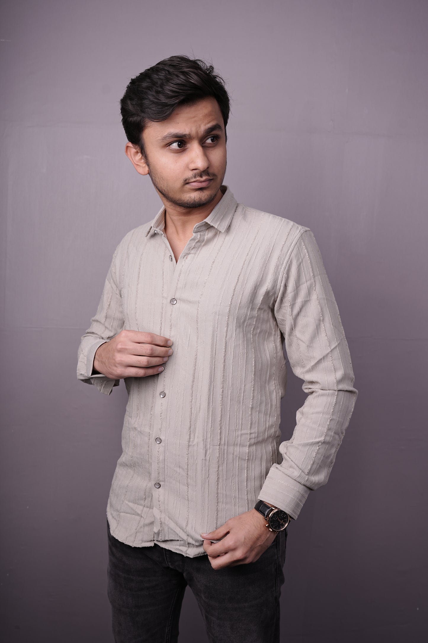 Men’s Light Beige Textured Cotton Shirt – Full Sleeves