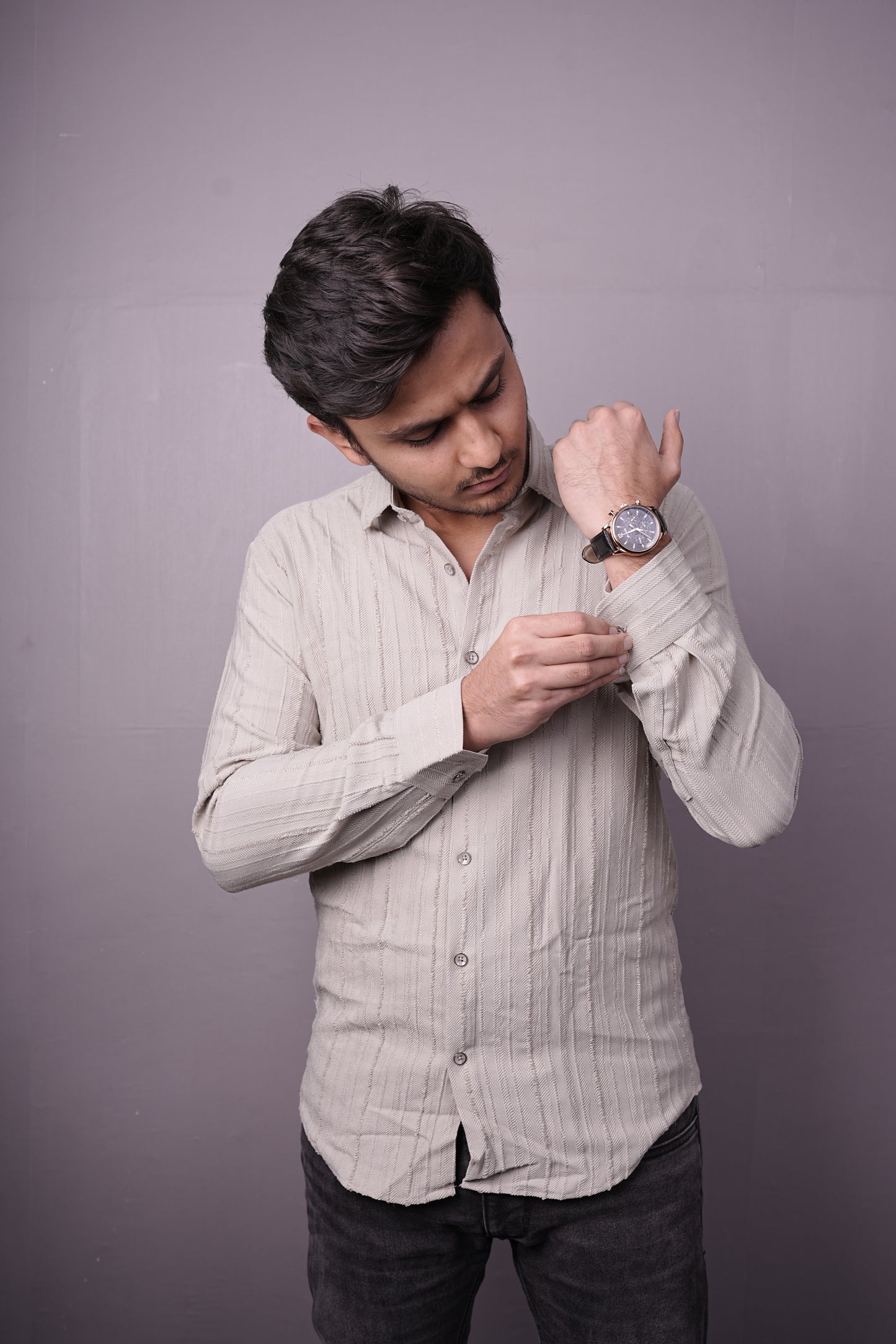 Men’s Light Beige Textured Cotton Shirt – Full Sleeves