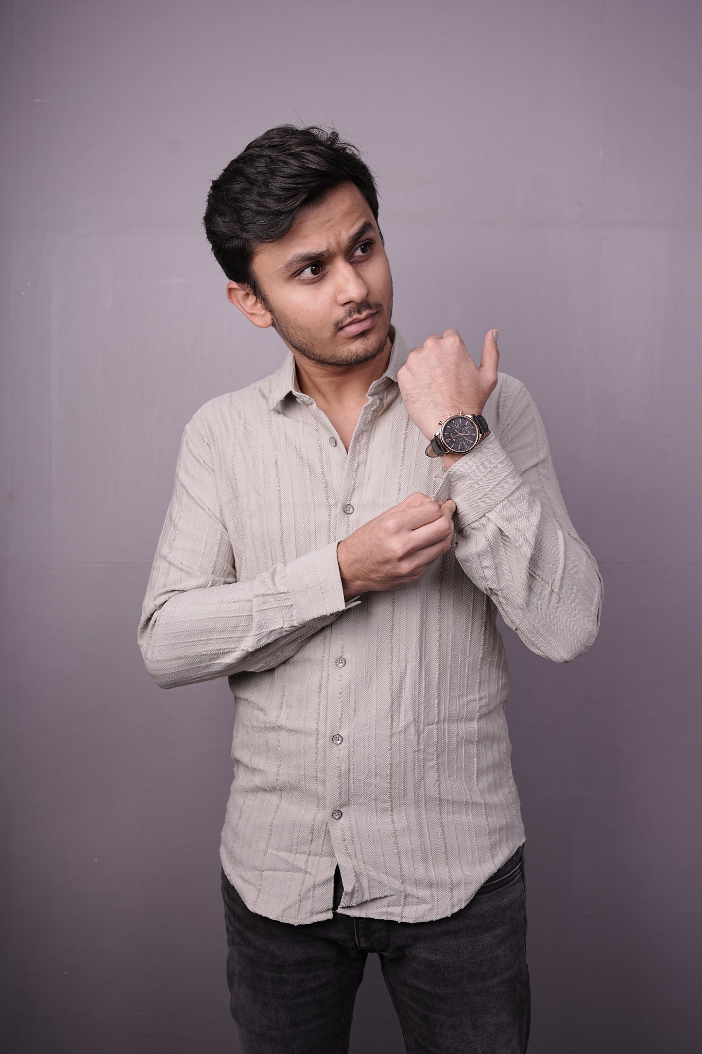 Men’s Light Beige Textured Cotton Shirt – Full Sleeves