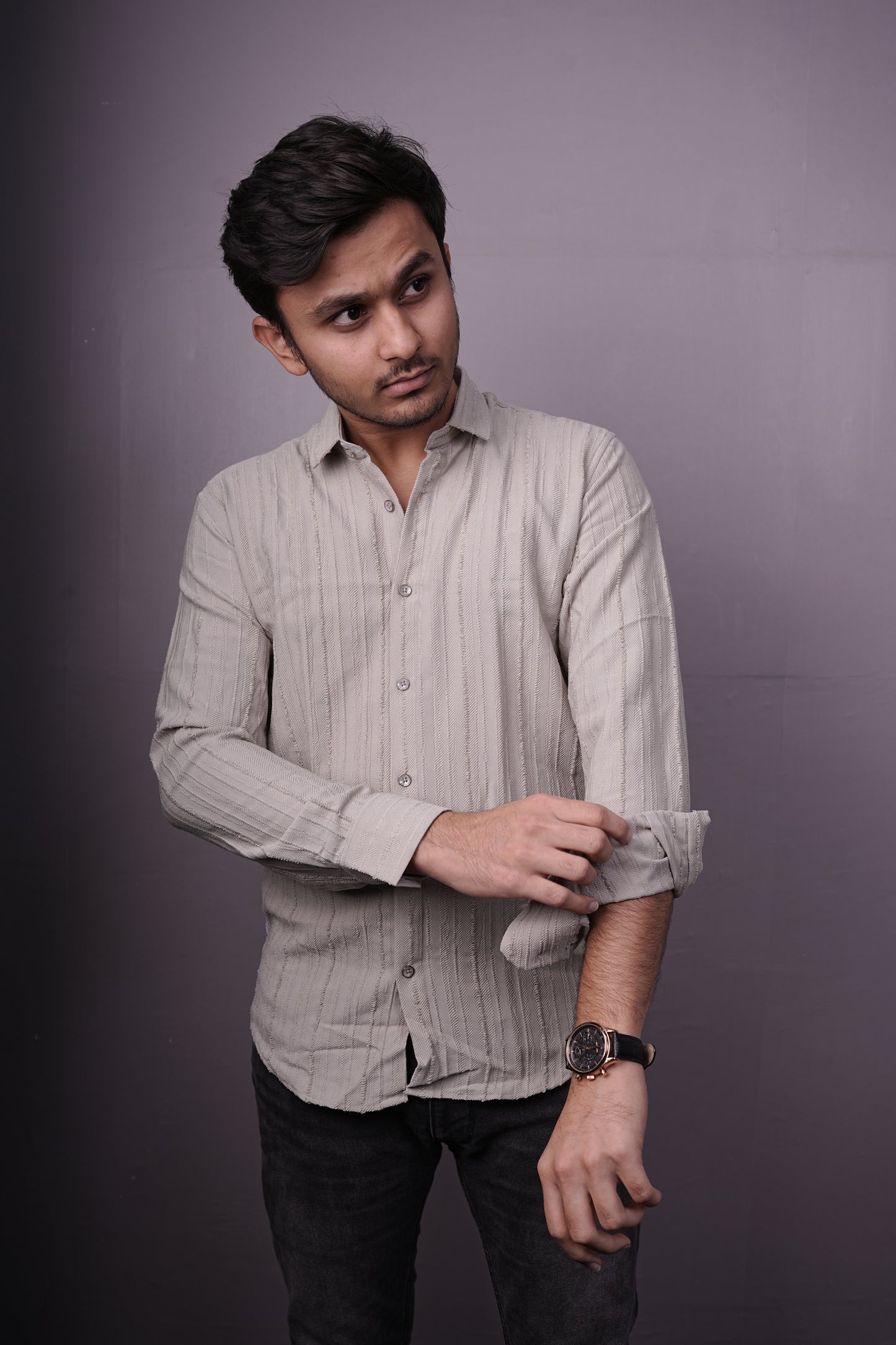 Men’s Light Beige Textured Cotton Shirt – Full Sleeves