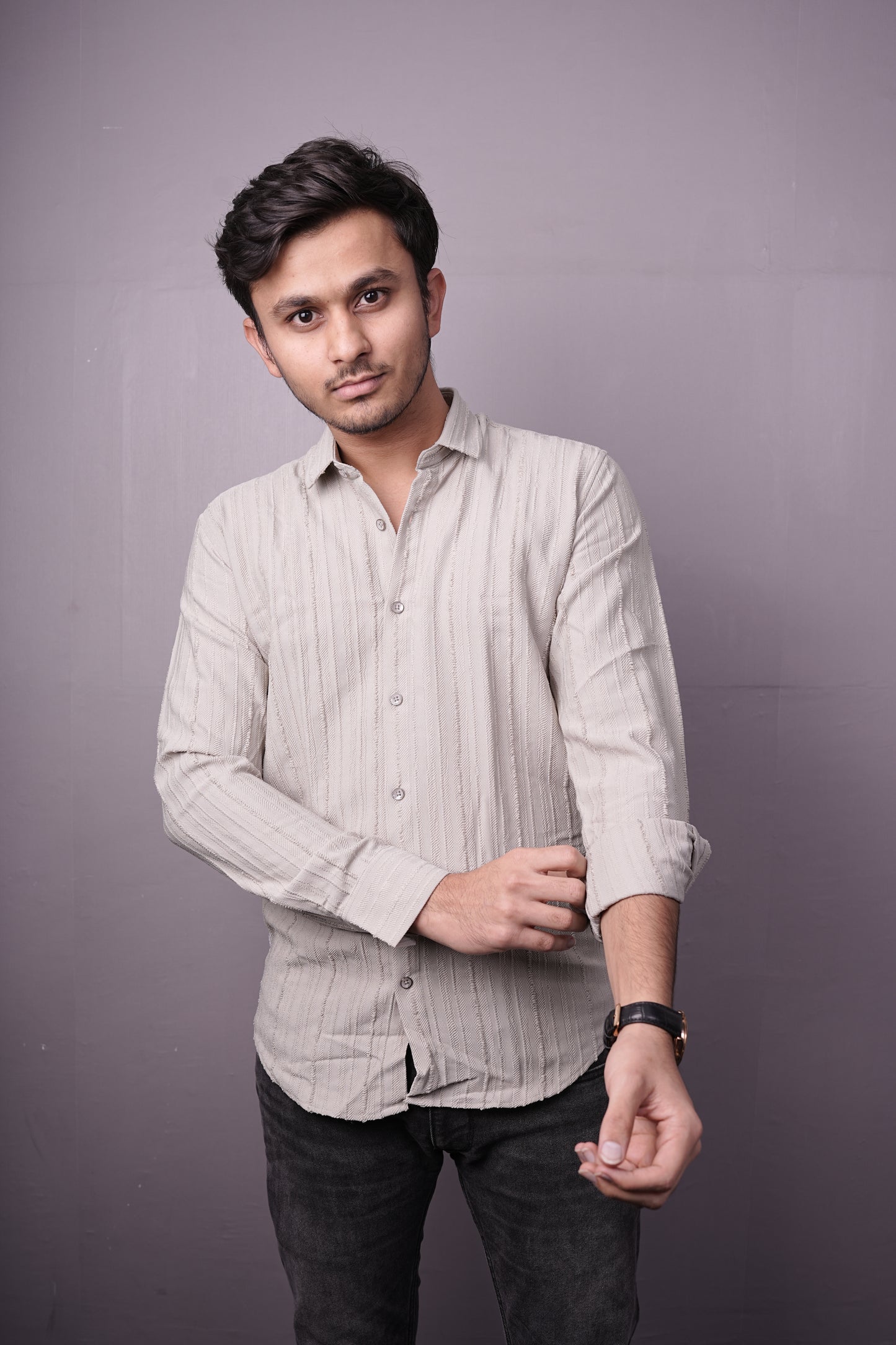 Men’s Light Beige Textured Cotton Shirt – Full Sleeves