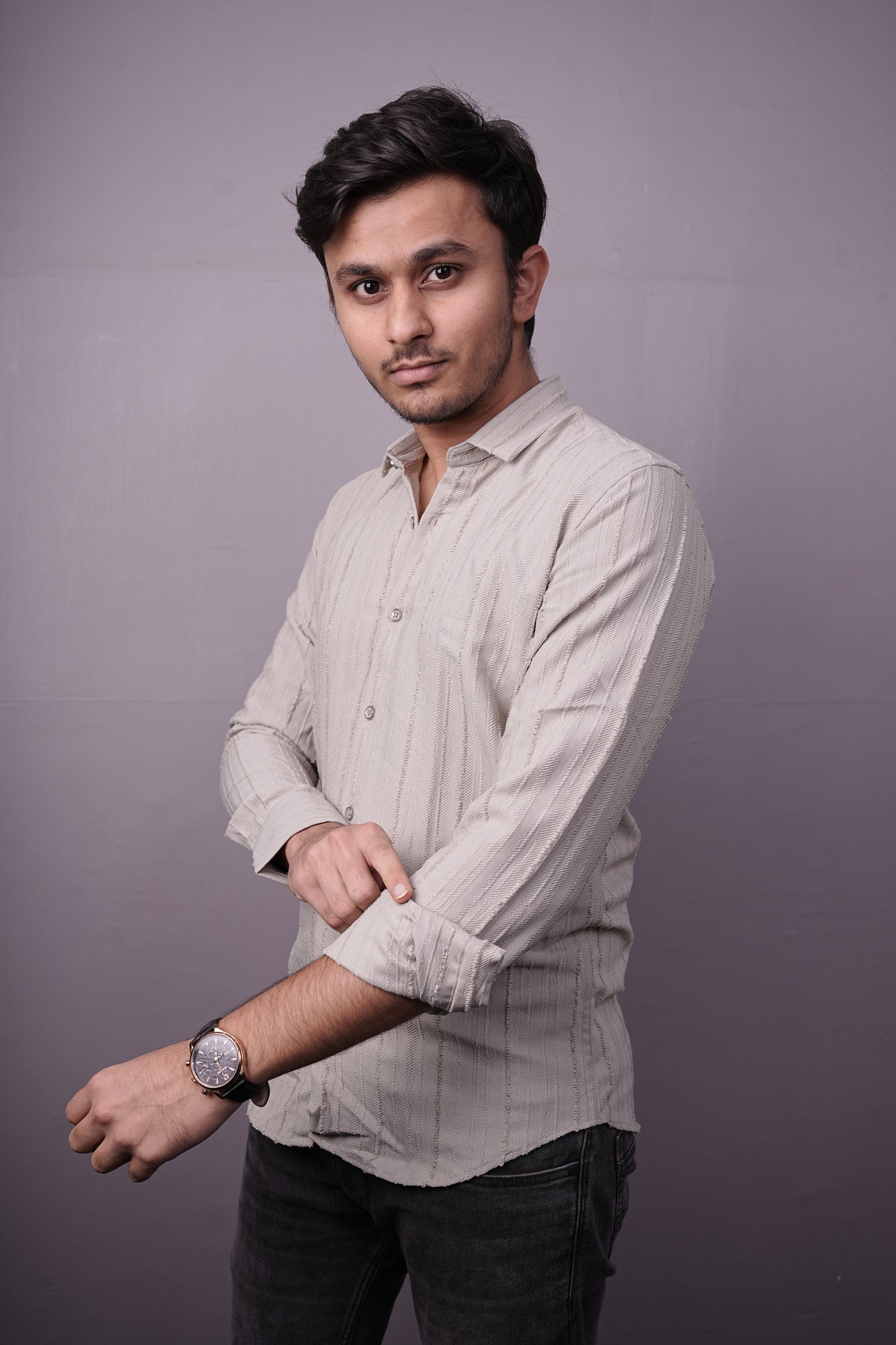 Men’s Light Beige Textured Cotton Shirt – Full Sleeves