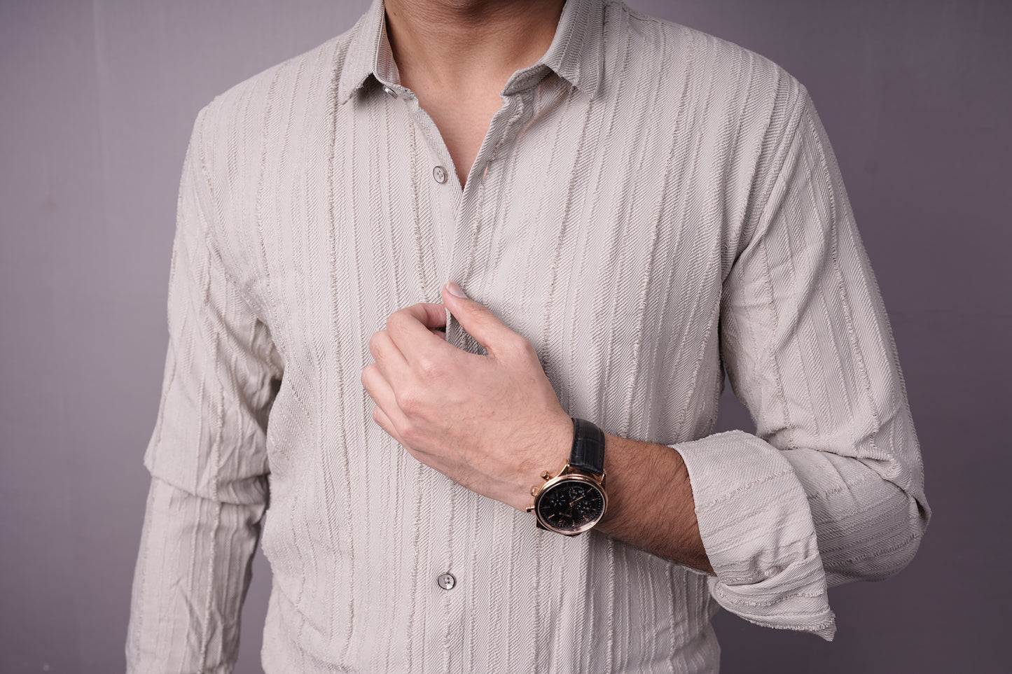 Men’s Light Beige Textured Cotton Shirt – Full Sleeves