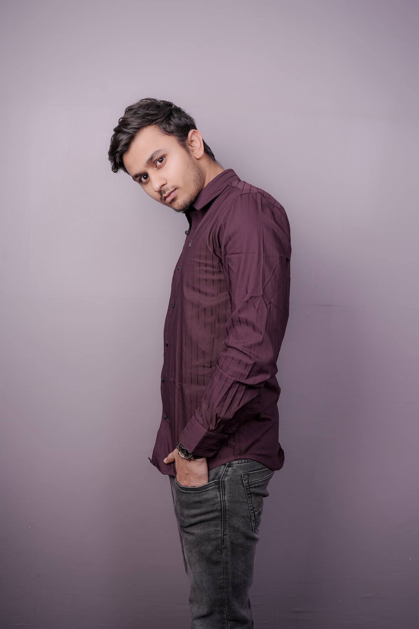 Men’s Wine Maroon Striped Shirt with Subtle Sheen – “PrimeClothiq” Branding