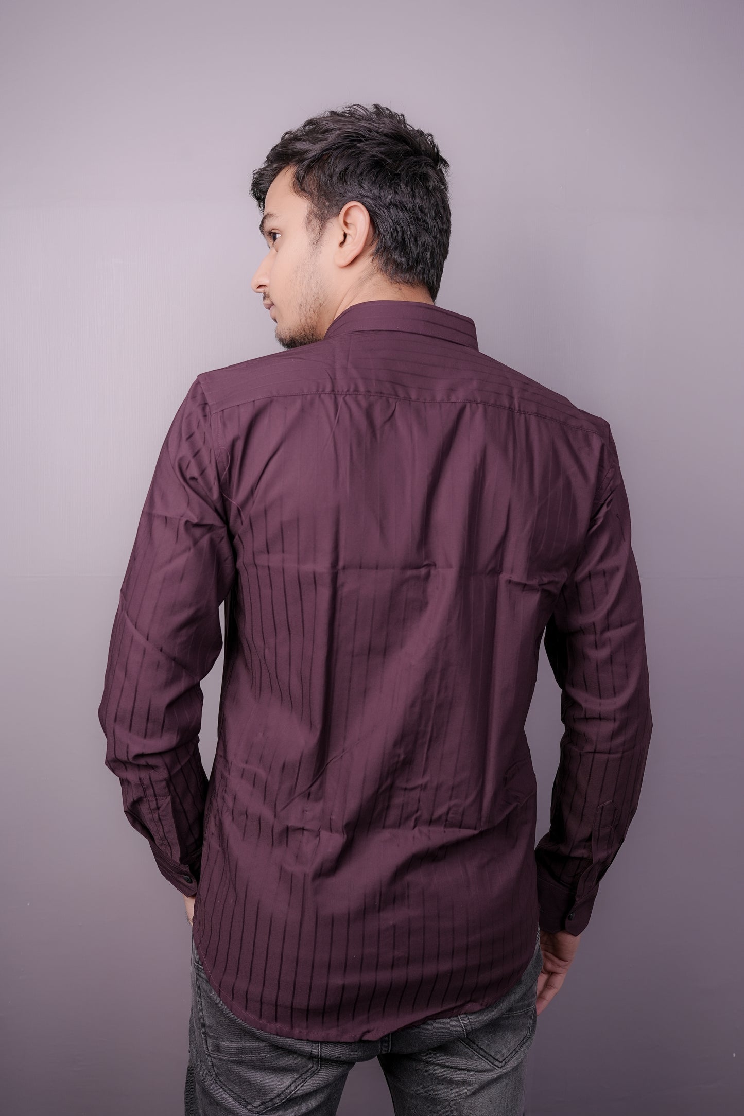Men’s Wine Maroon Striped Shirt with Subtle Sheen – “PrimeClothiq” Branding