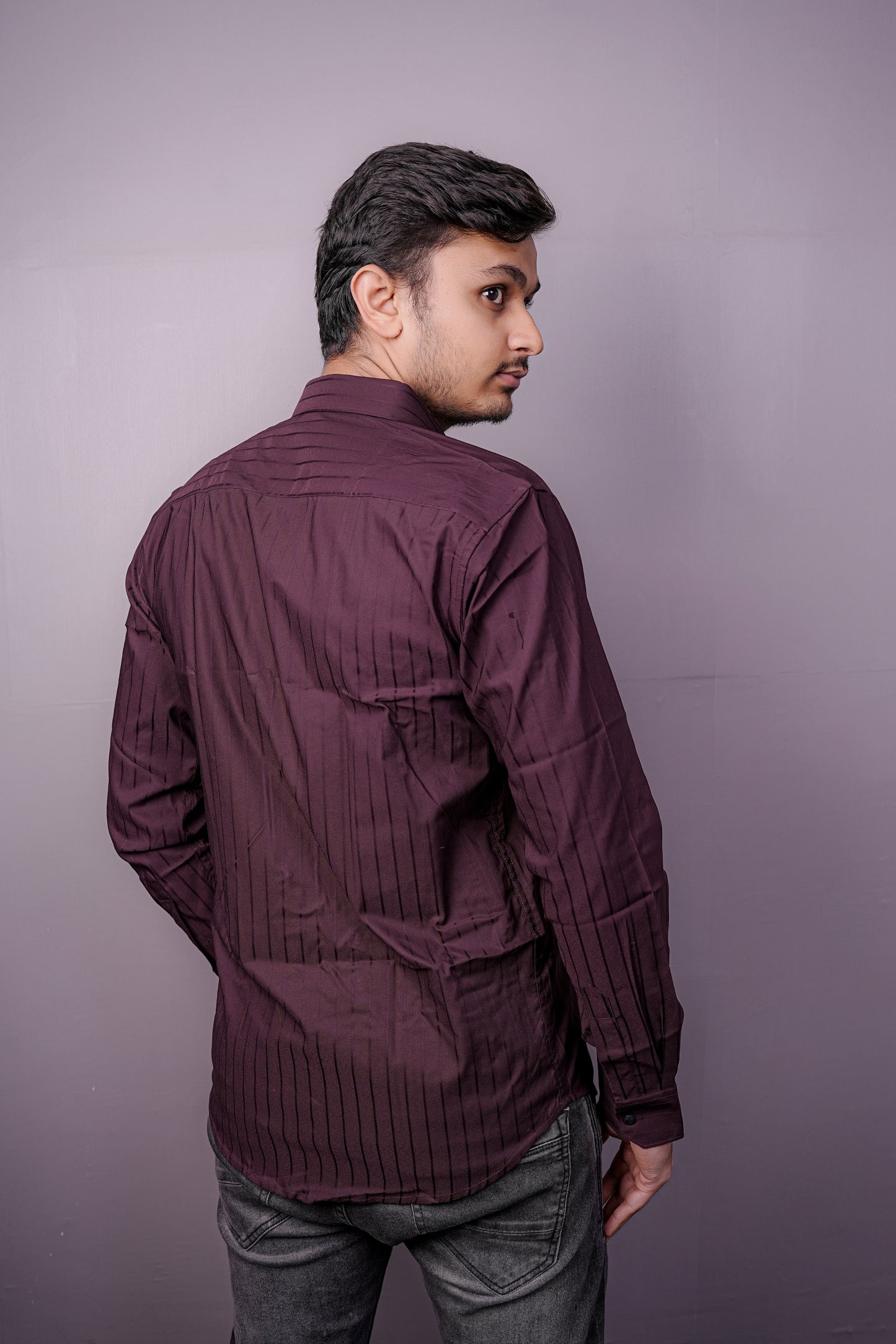 Men’s Wine Maroon Striped Shirt with Subtle Sheen – “PrimeClothiq” Branding