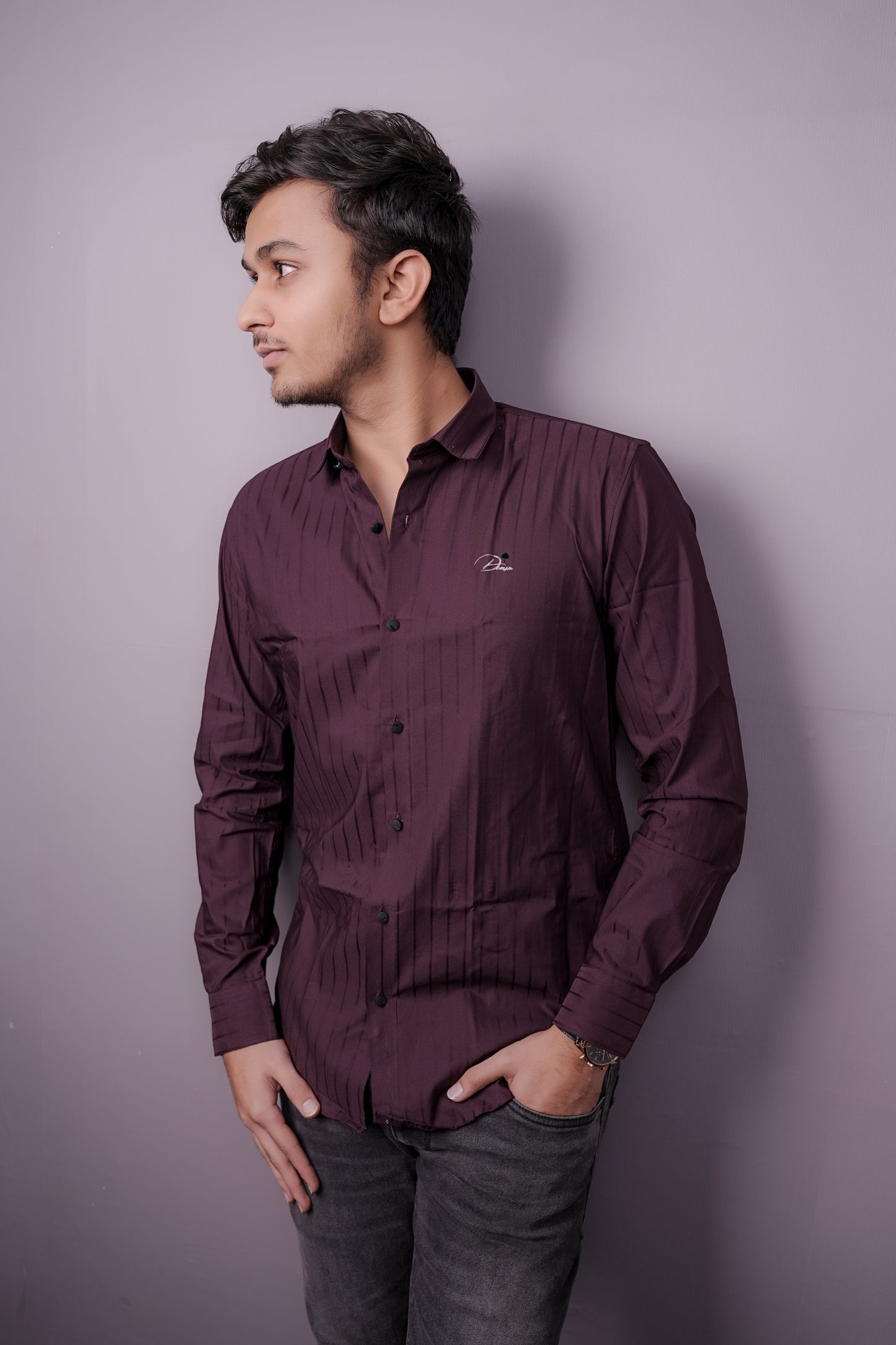 Men’s Wine Maroon Striped Shirt with Subtle Sheen – “PrimeClothiq” Branding