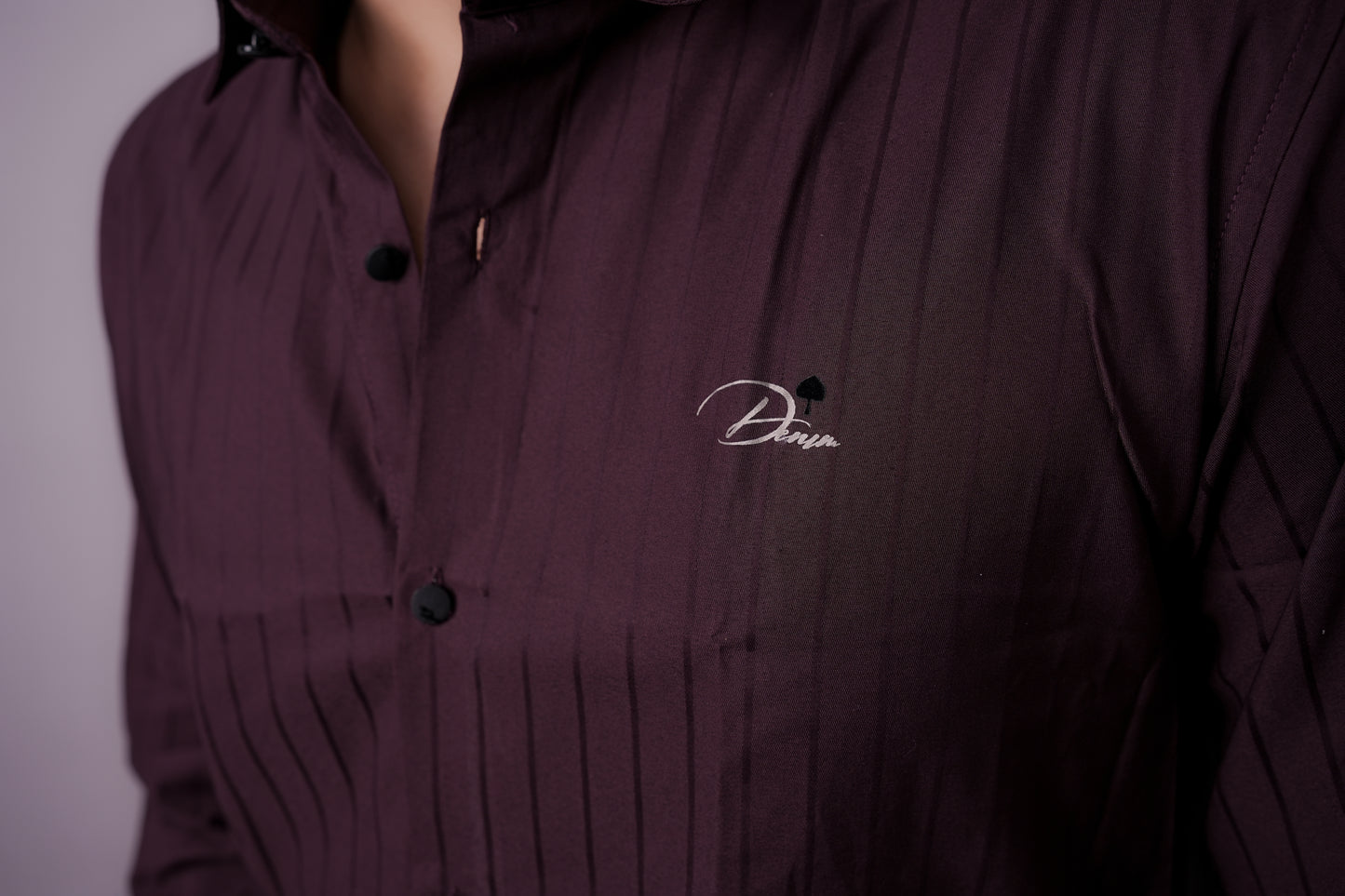 Men’s Wine Maroon Striped Shirt with Subtle Sheen – “PrimeClothiq” Branding