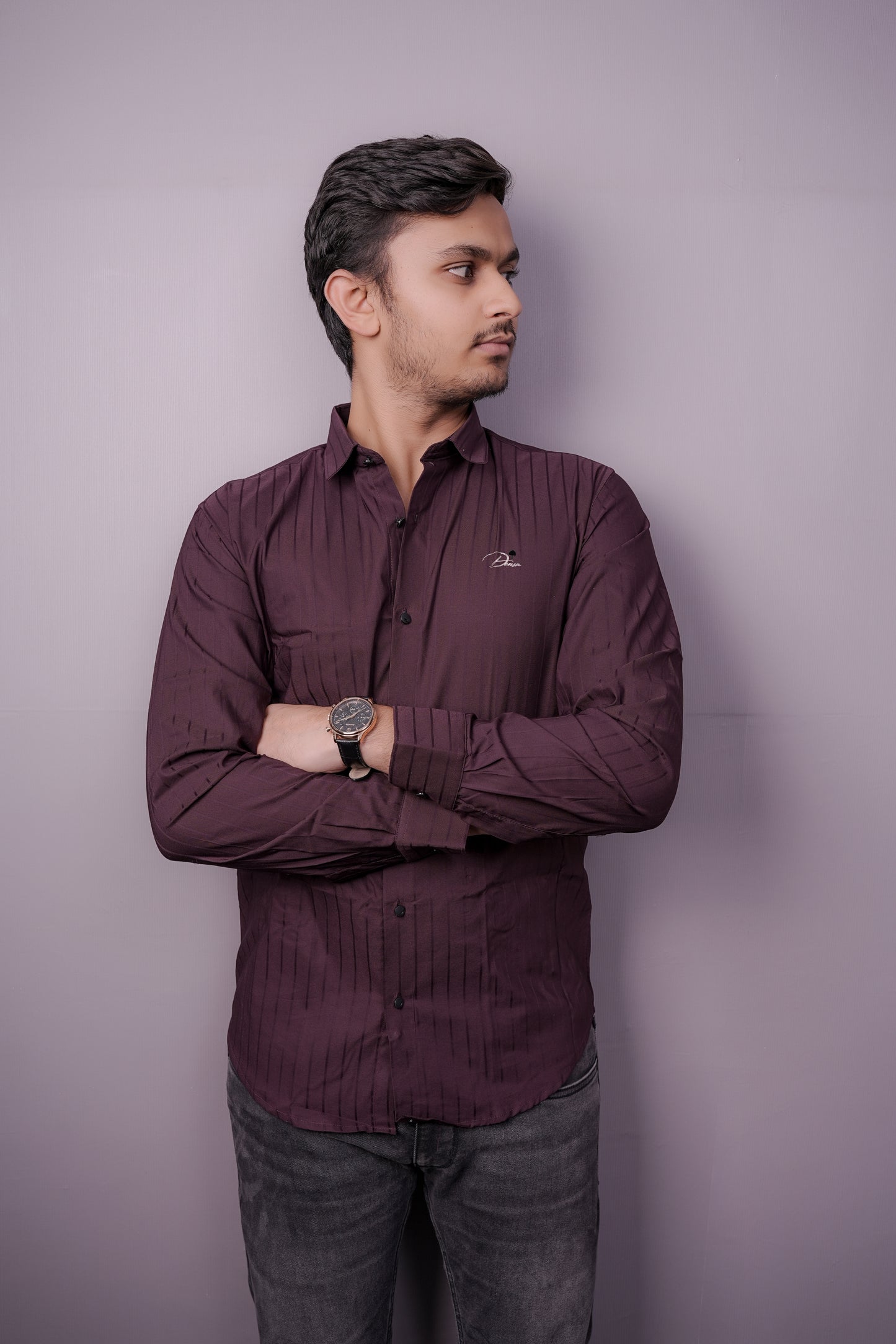 Men’s Wine Maroon Striped Shirt with Subtle Sheen – “PrimeClothiq” Branding