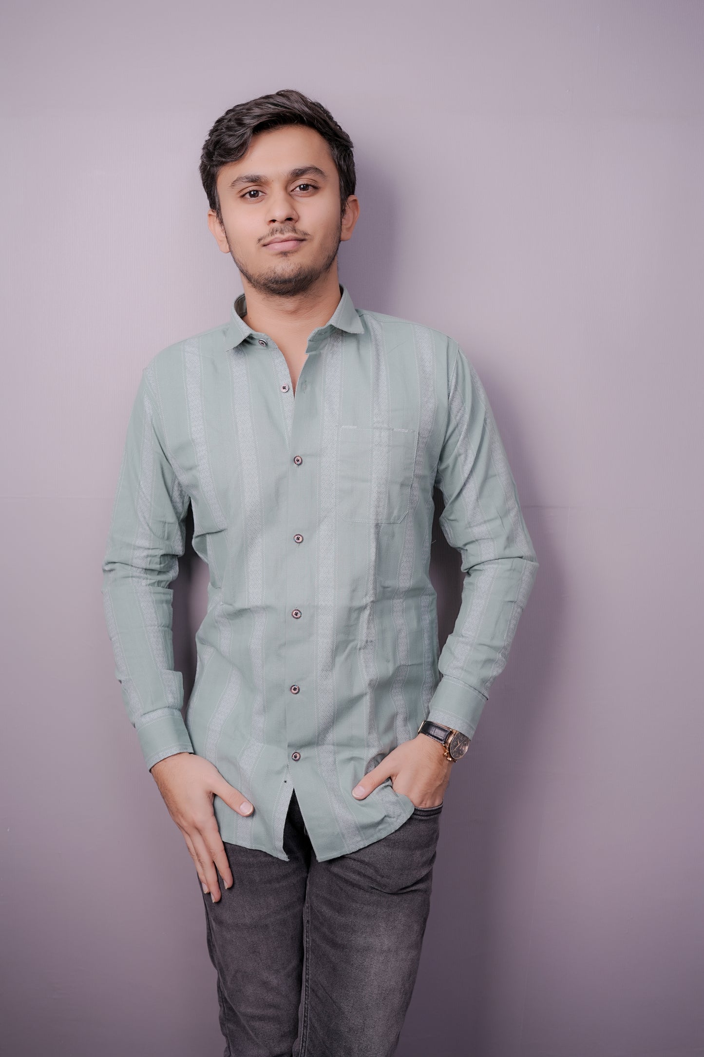 Men’s Pastel Sage Green Cotton Shirt with Jacquard-Inspired Vertical Patterns