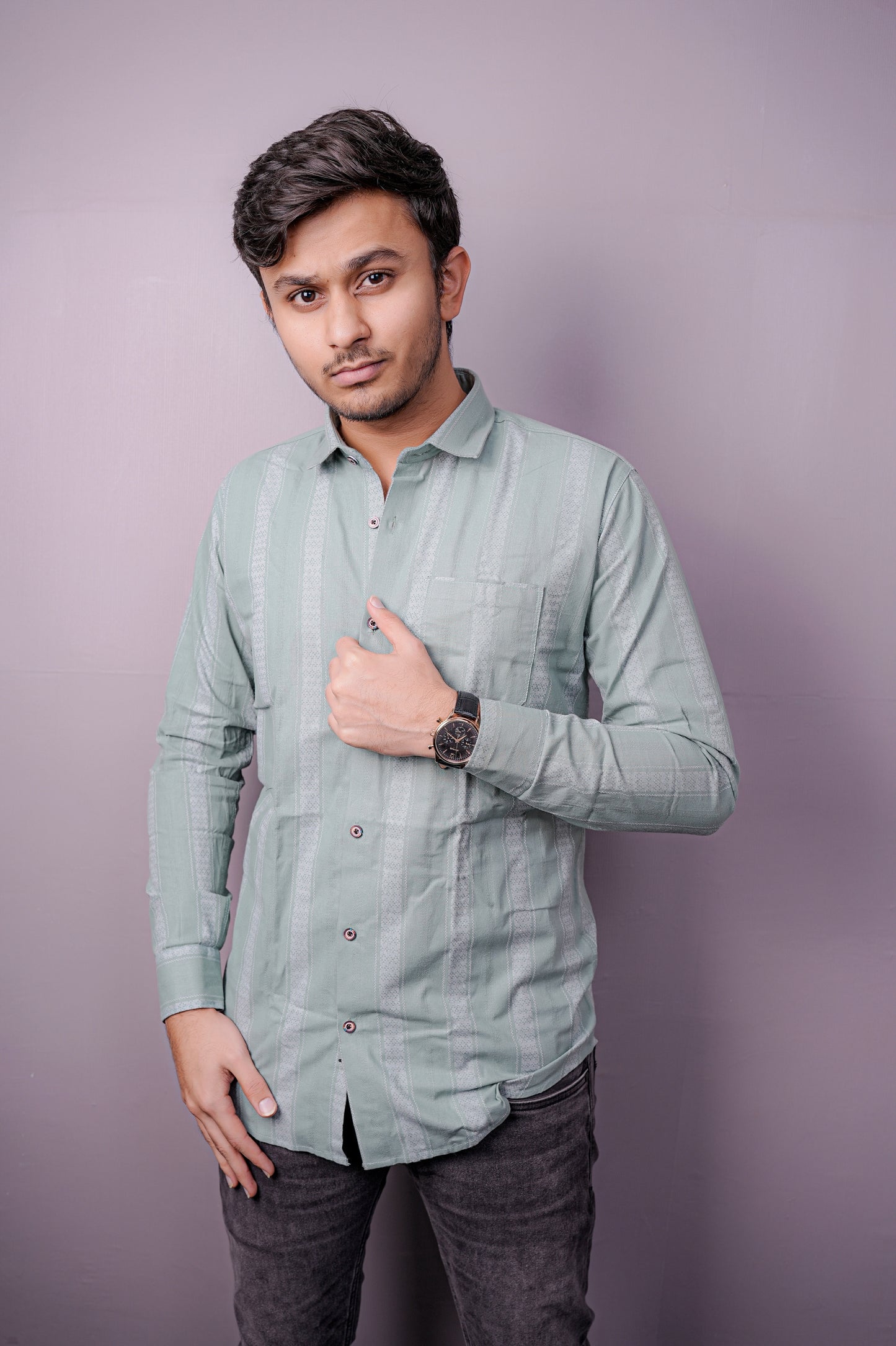 Men’s Pastel Sage Green Cotton Shirt with Jacquard-Inspired Vertical Patterns
