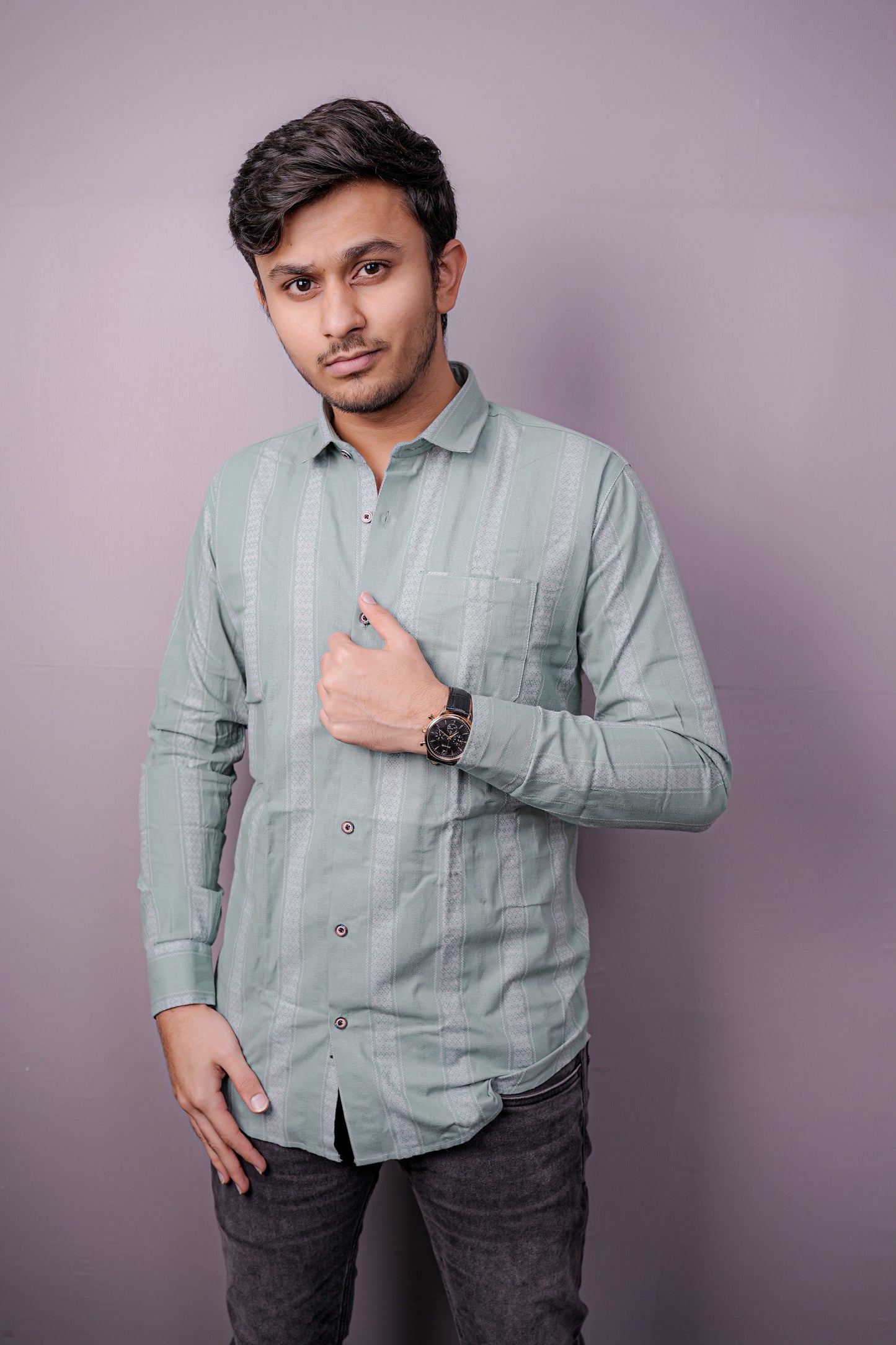 Men’s Pastel Sage Green Cotton Shirt with Jacquard-Inspired Vertical Patterns