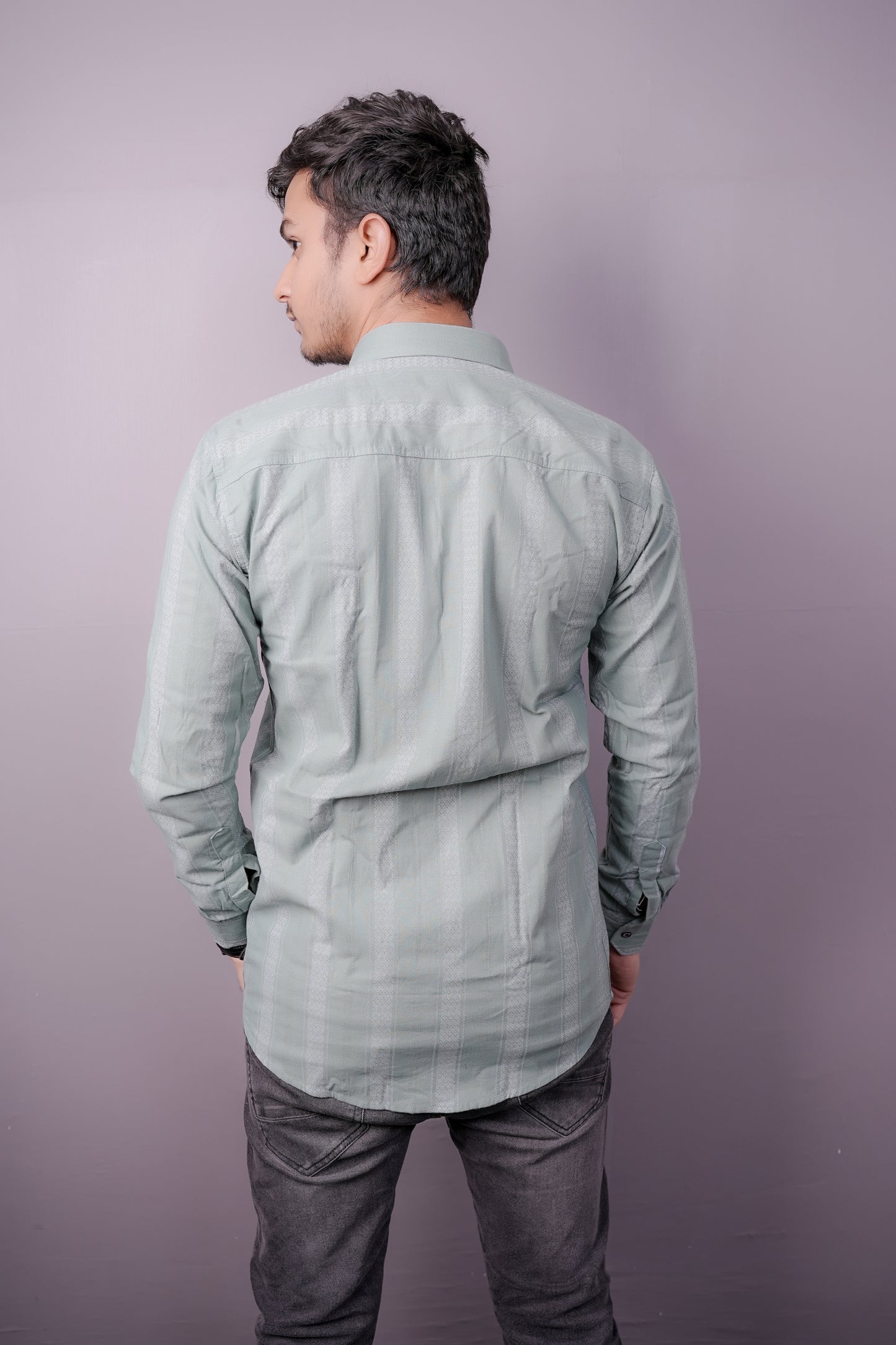 Men’s Pastel Sage Green Cotton Shirt with Jacquard-Inspired Vertical Patterns