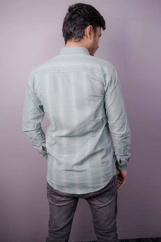 Men’s Pastel Sage Green Cotton Shirt with Jacquard-Inspired Vertical Patterns