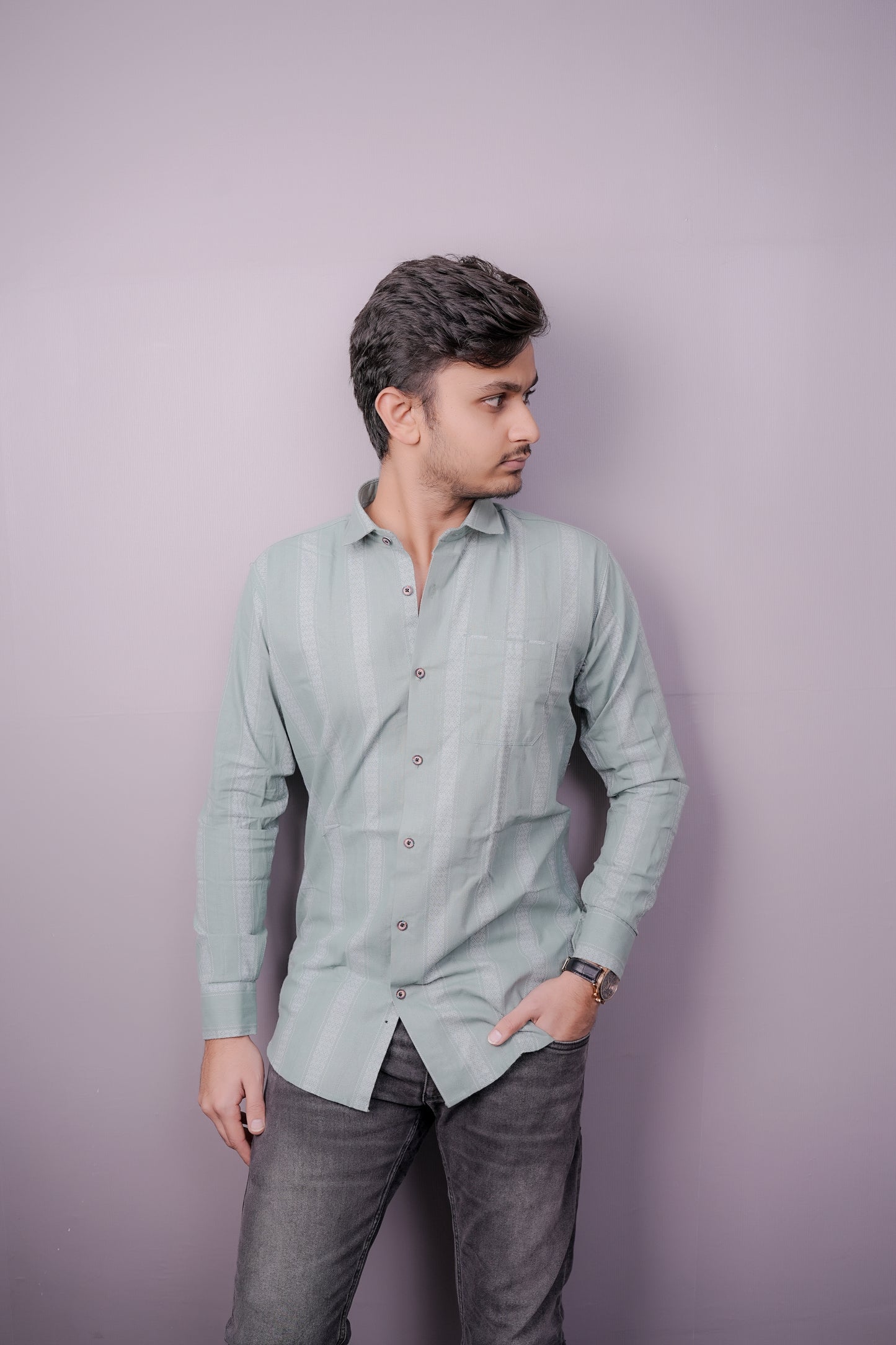 Men’s Pastel Sage Green Cotton Shirt with Jacquard-Inspired Vertical Patterns