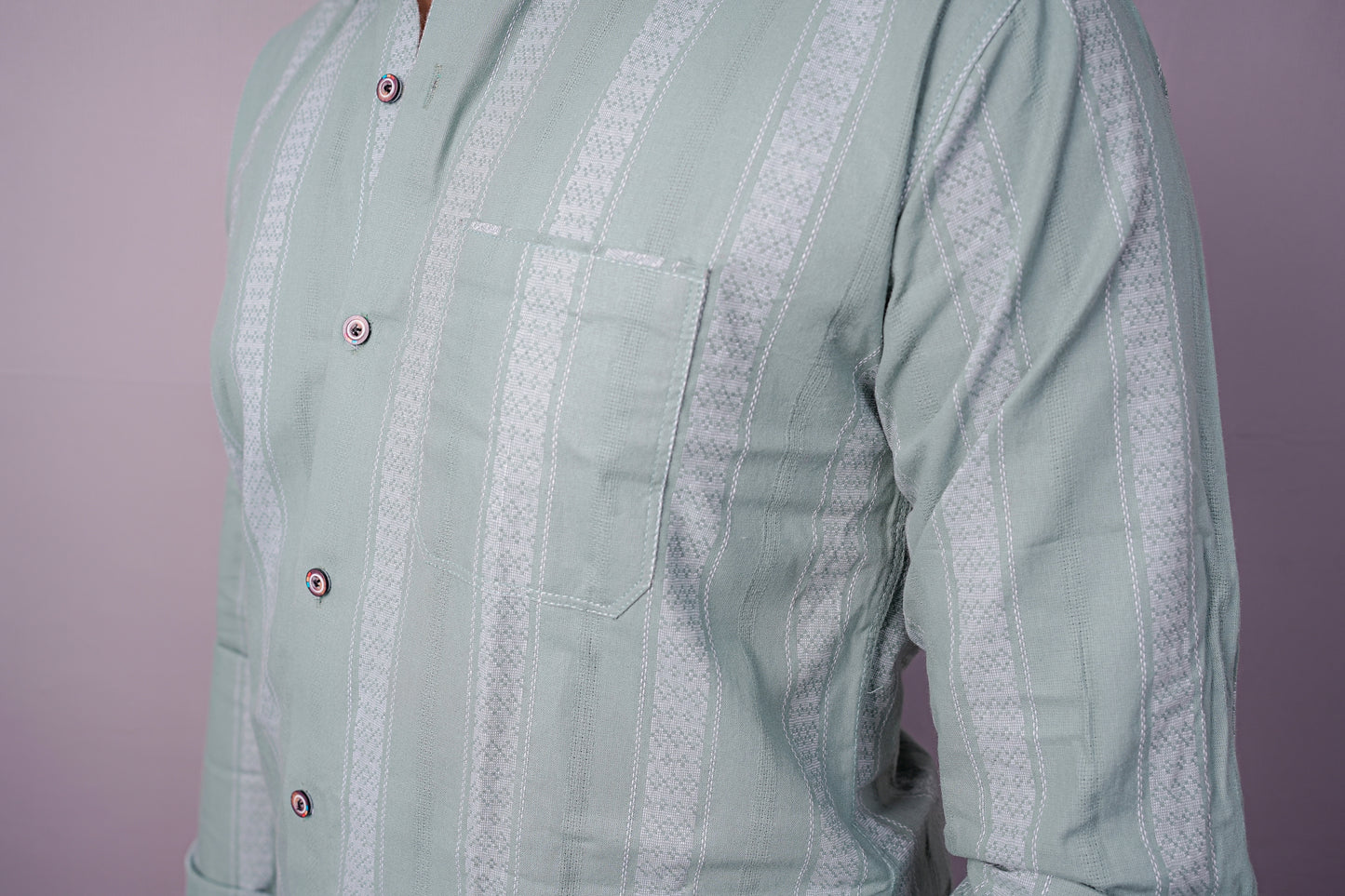 Men’s Pastel Sage Green Cotton Shirt with Jacquard-Inspired Vertical Patterns