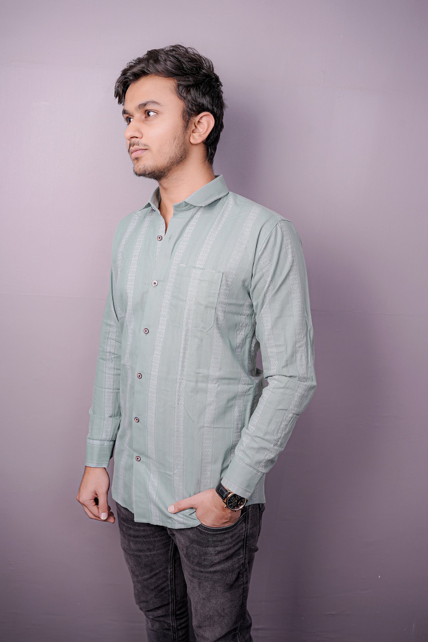 Men’s Pastel Sage Green Cotton Shirt with Jacquard-Inspired Vertical Patterns