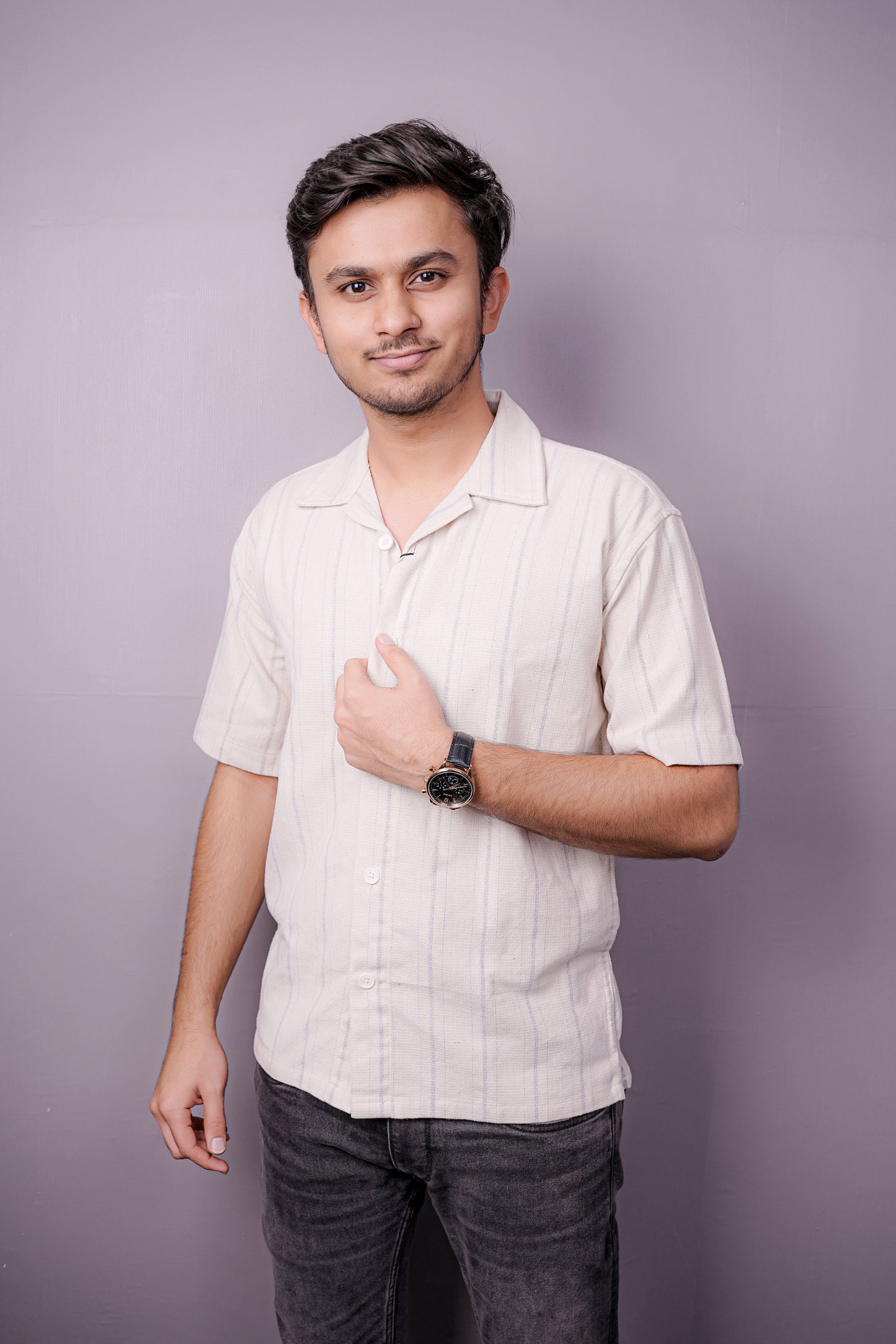 Men’s Off-White Cotton Linen Shirt with Subtle Vertical Stripes