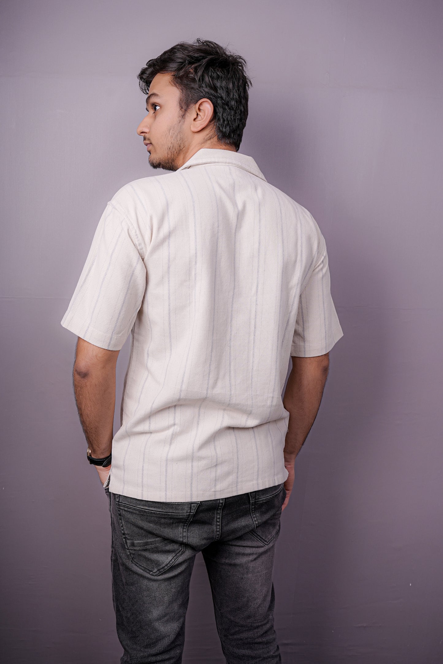 Men’s Off-White Cotton Linen Shirt with Subtle Vertical Stripes