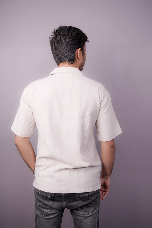 Men’s Off-White Cotton Linen Shirt with Subtle Vertical Stripes