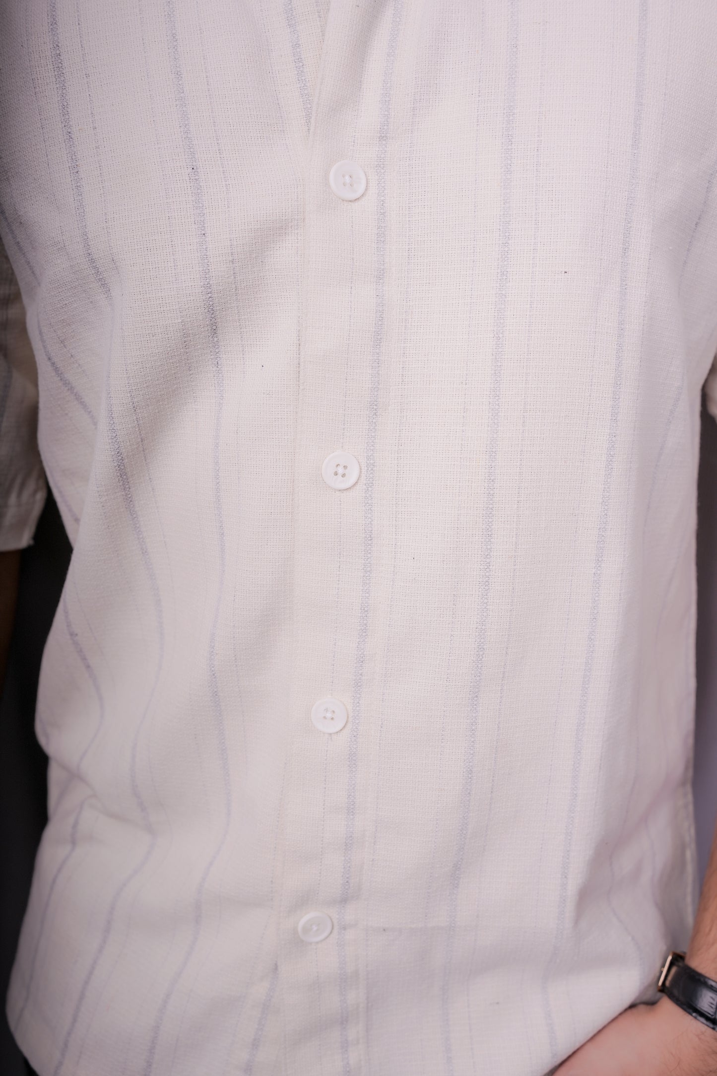 Men’s Off-White Cotton Linen Shirt with Subtle Vertical Stripes