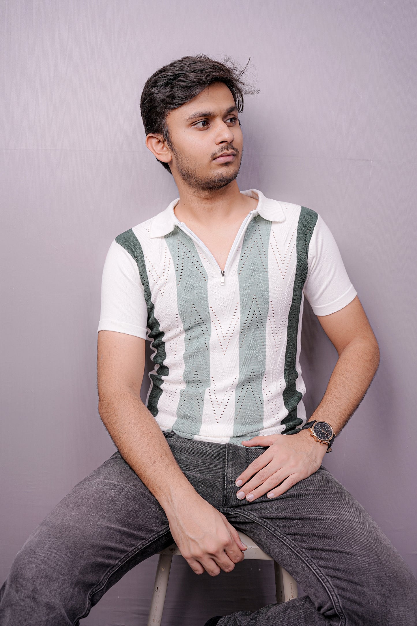 BreezePoint Geo-Knit Zipper Tee – Mint White Edition