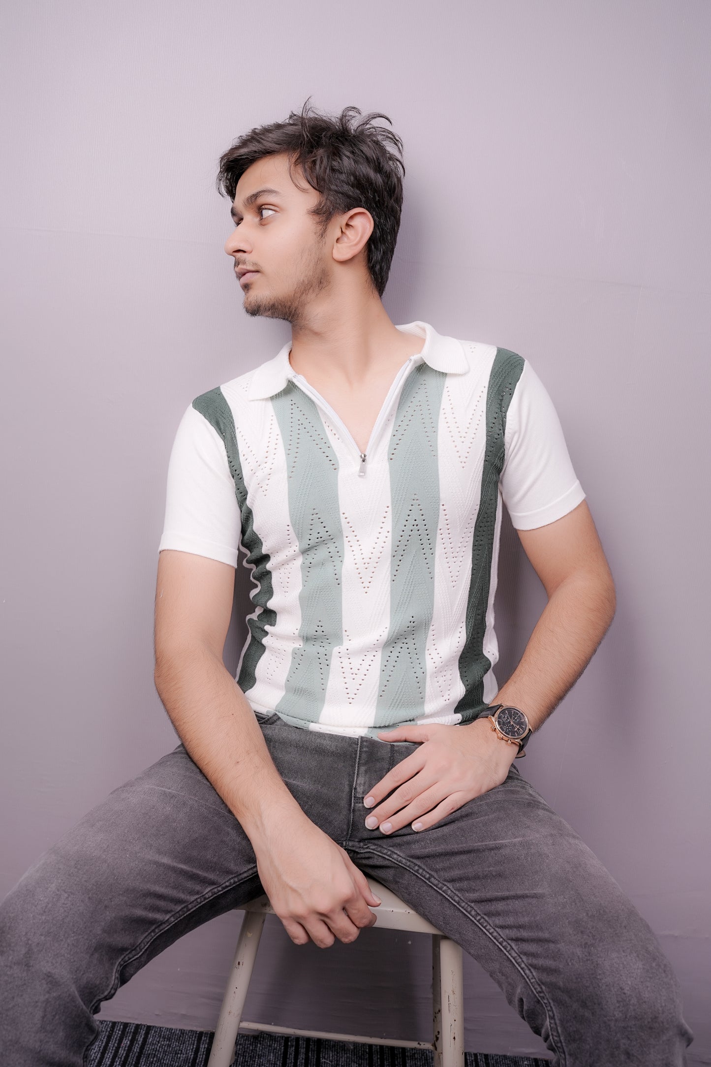 BreezePoint Geo-Knit Zipper Tee – Mint White Edition