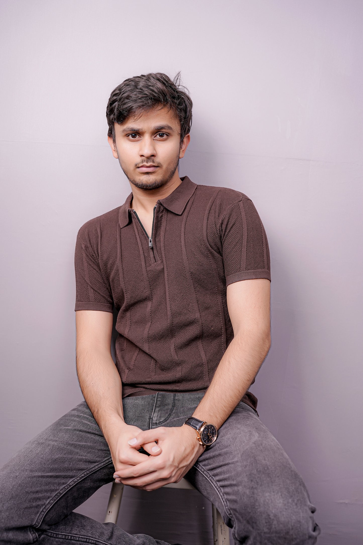 Cocoa Grid Textured Polo – Half Zip Edition