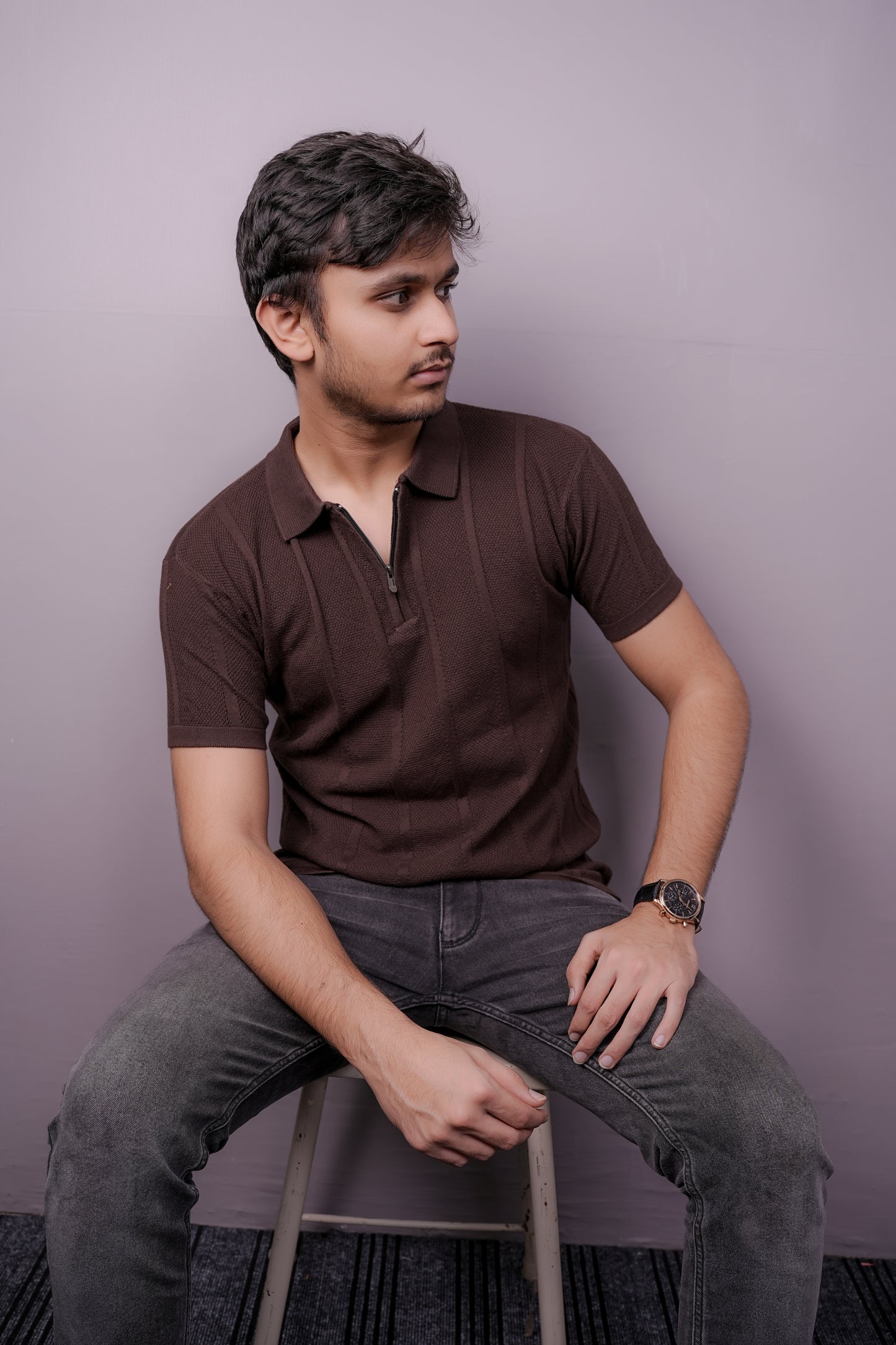 Cocoa Grid Textured Polo – Half Zip Edition
