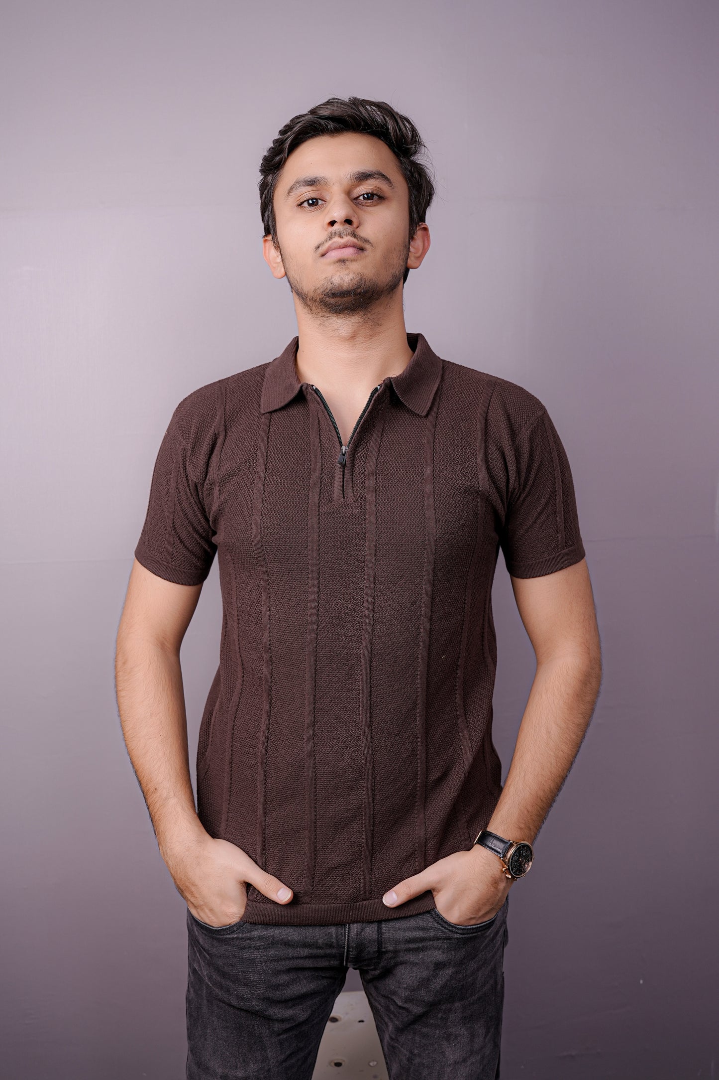 Cocoa Grid Textured Polo – Half Zip Edition