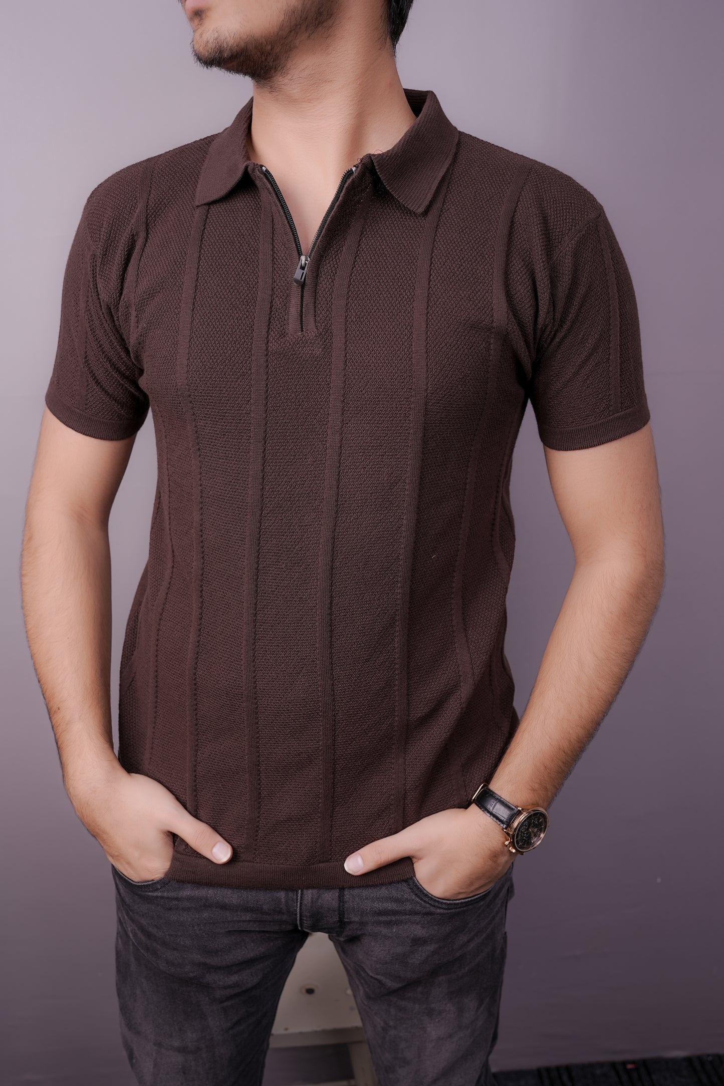 Cocoa Grid Textured Polo – Half Zip Edition