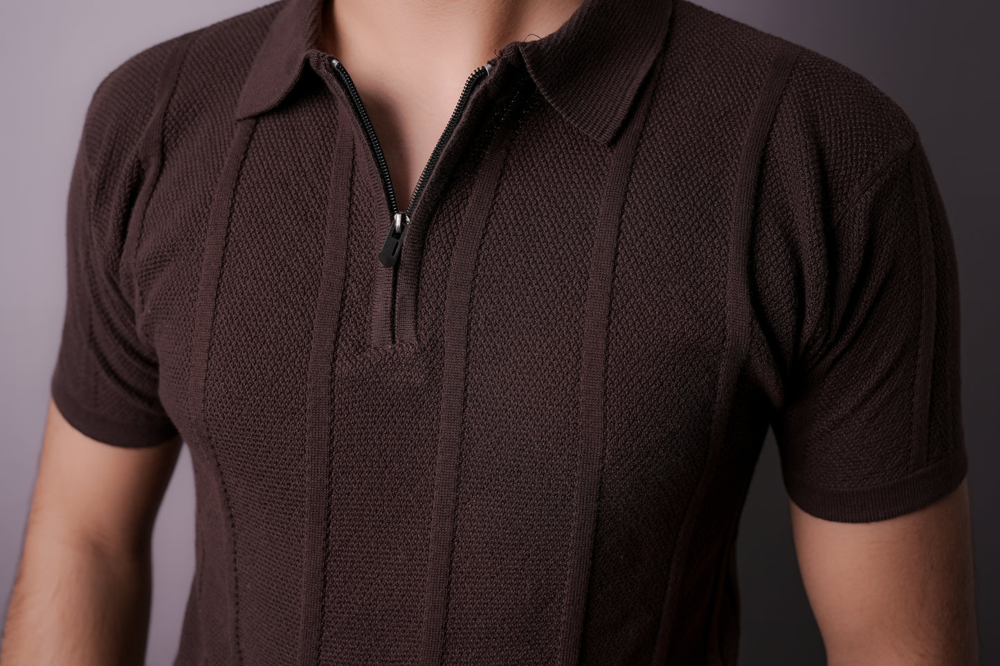 Cocoa Grid Textured Polo – Half Zip Edition