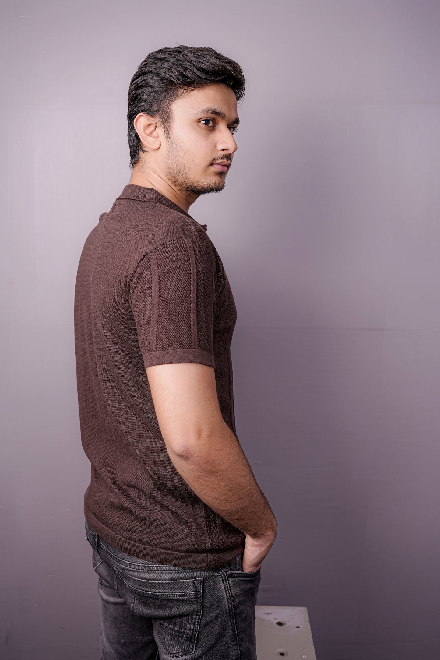 Cocoa Grid Textured Polo – Half Zip Edition