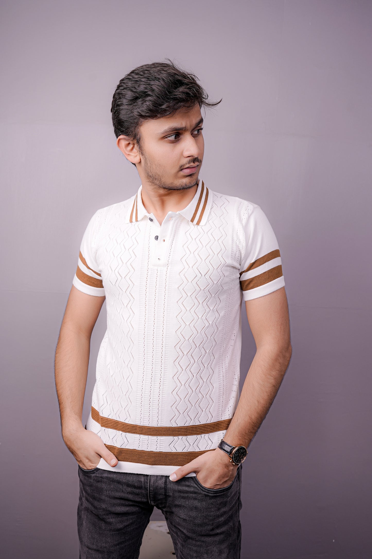 Ivory Zig-Zag Knit Polo – Luxe Summer Edition