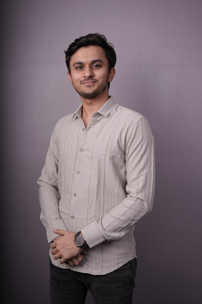 Men’s Light Beige Textured Cotton Shirt – Full Sleeves