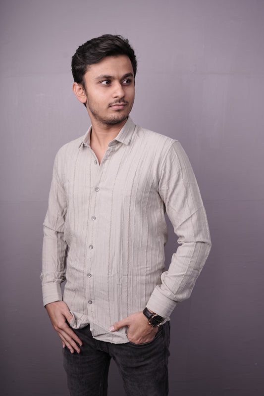 Men’s Light Beige Textured Cotton Shirt – Full Sleeves