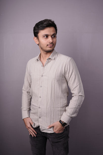Men’s Light Beige Textured Cotton Shirt – Full Sleeves