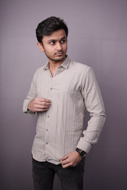 Men’s Light Beige Textured Cotton Shirt – Full Sleeves