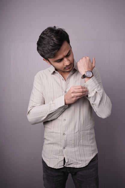 Men’s Light Beige Textured Cotton Shirt – Full Sleeves