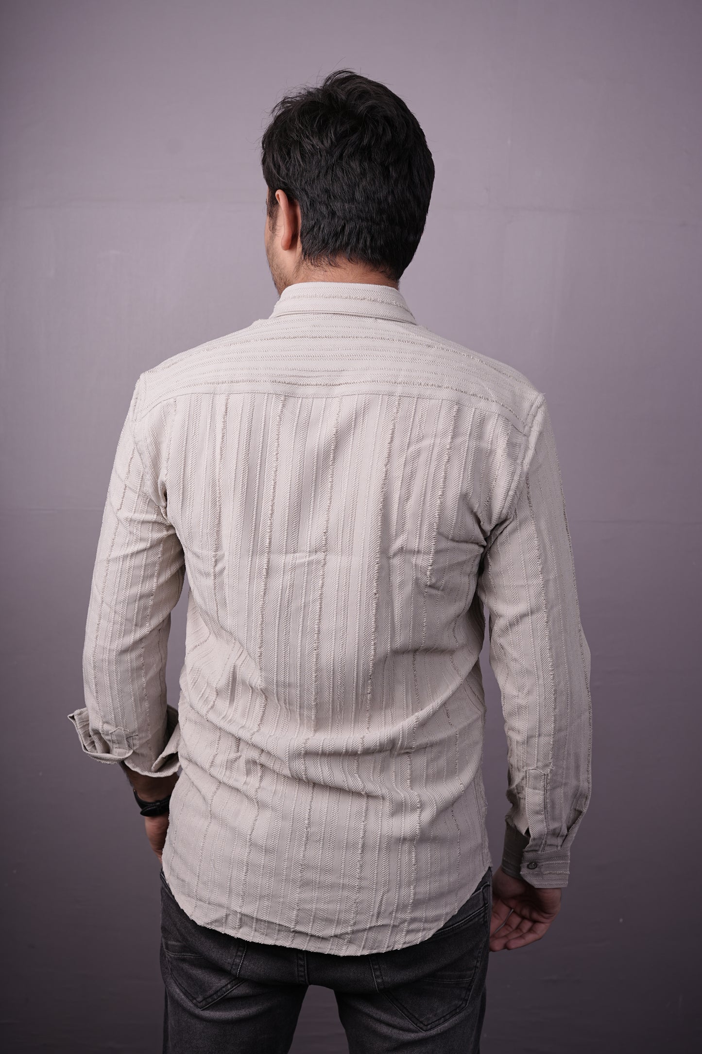 Men’s Light Beige Textured Cotton Shirt – Full Sleeves