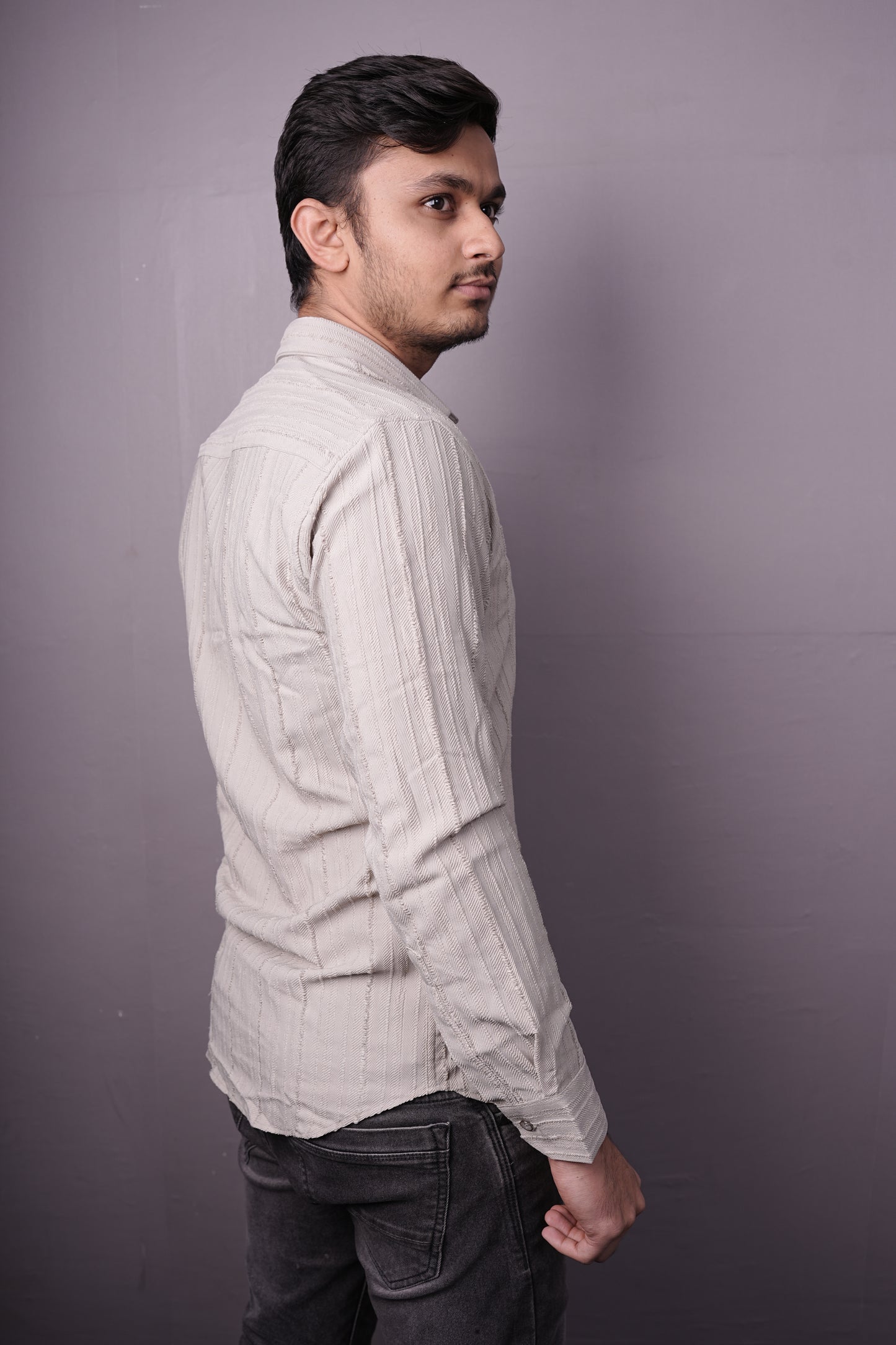 Men’s Light Beige Textured Cotton Shirt – Full Sleeves