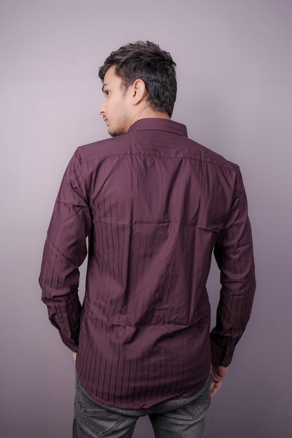 Men’s Wine Maroon Striped Shirt with Subtle Sheen – “PrimeClothiq” Branding
