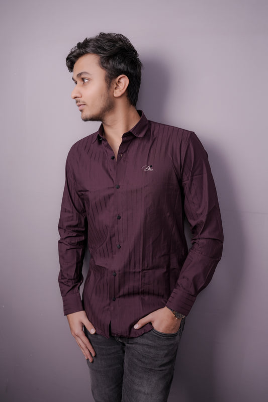 Men’s Wine Maroon Striped Shirt with Subtle Sheen – “PrimeClothiq” Branding